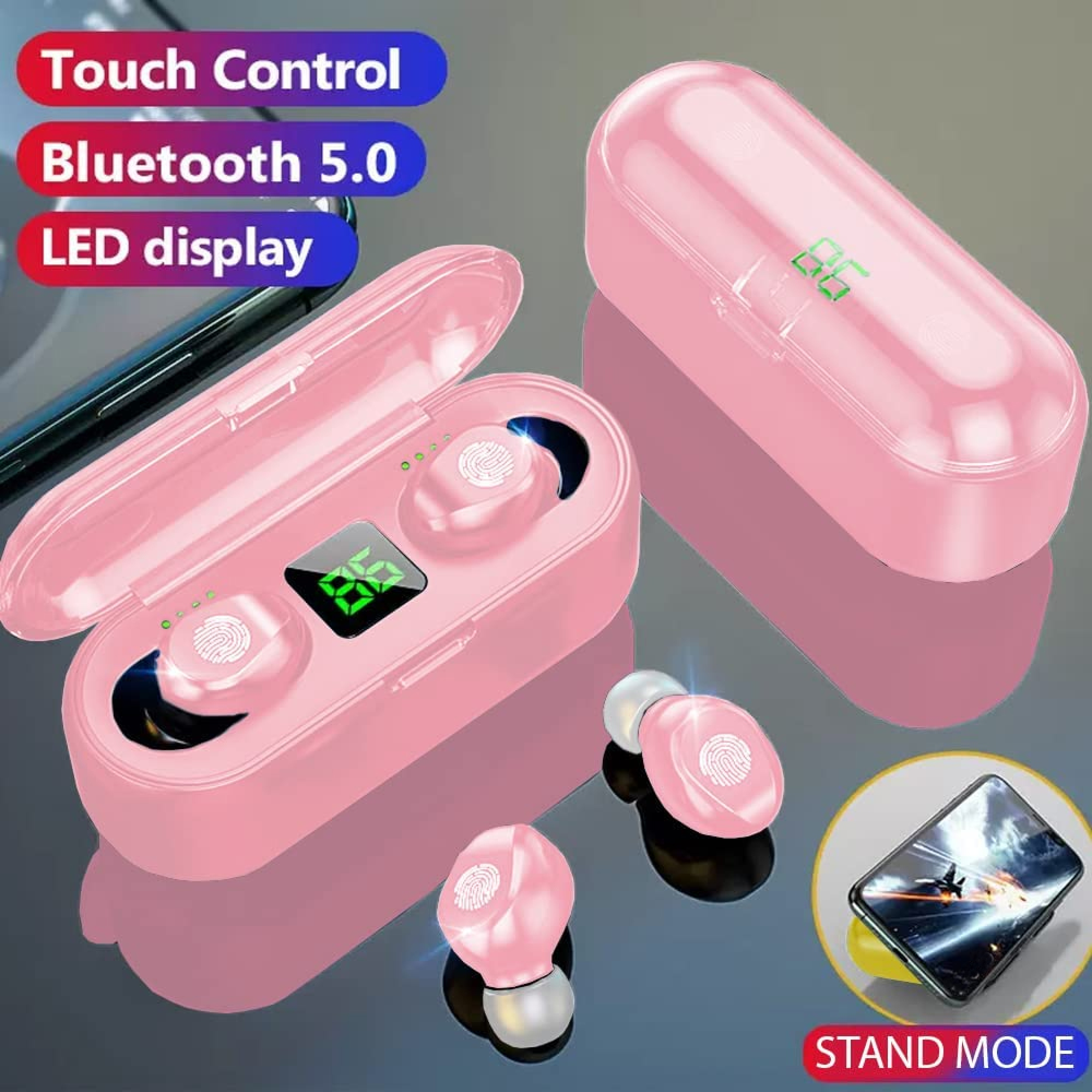 Rosa kabellose Ohrhörer mit Ladecase, Touch-Steuerung und LED-Anzeige.