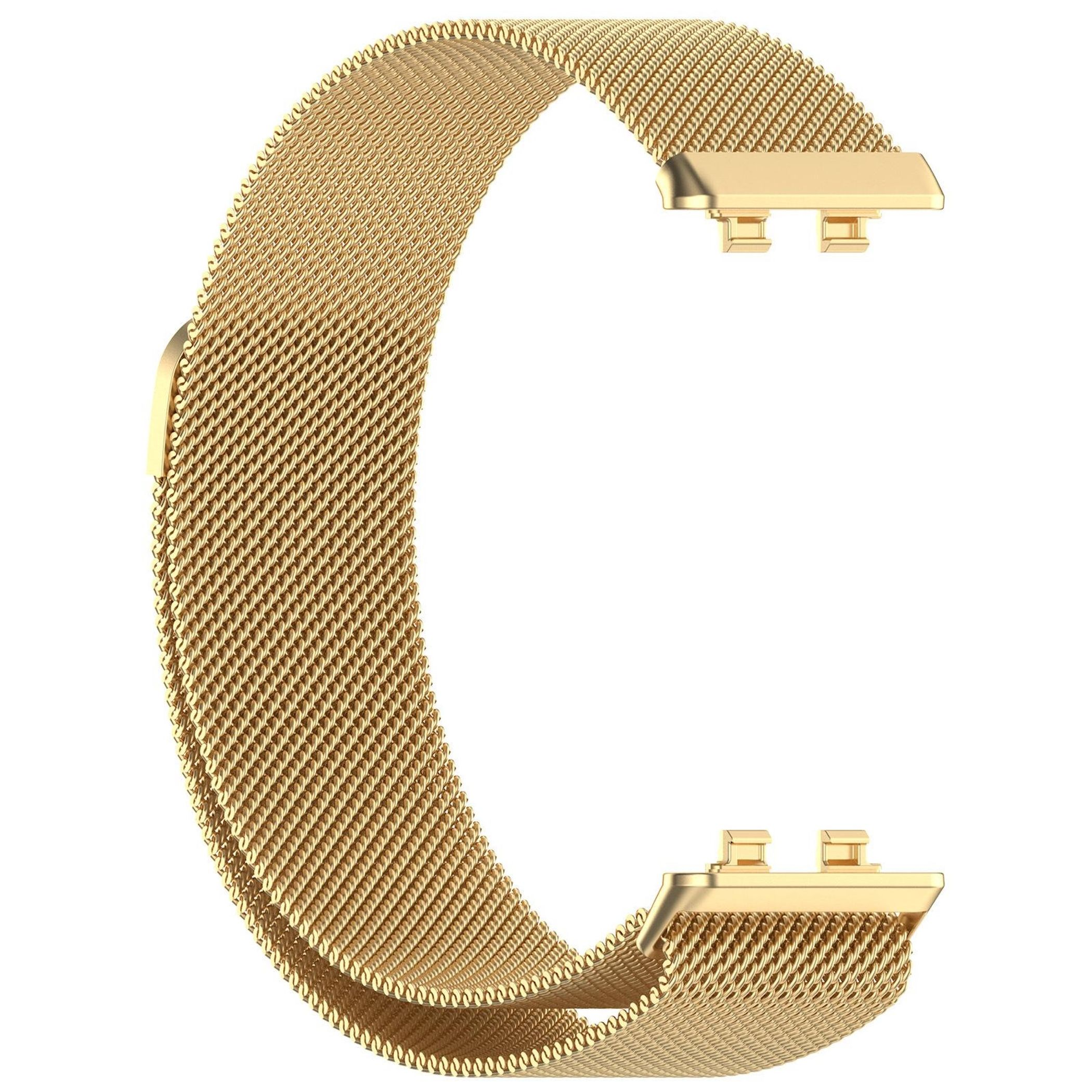Ein goldenes, flexibles Metallarmband mit einem Netzmuster und silbernen Befestigungsclips.