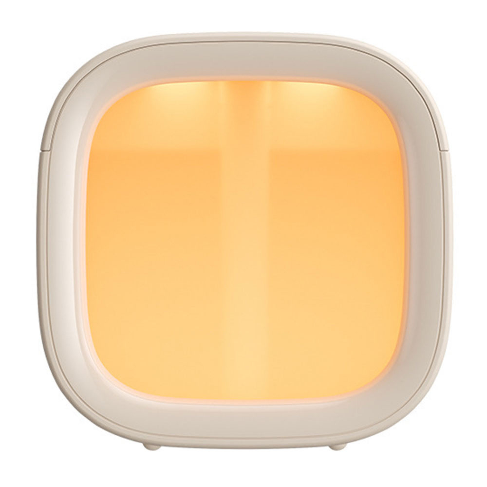 Eine weiße Lampe mit bernsteinfarbener Beleuchtung.
