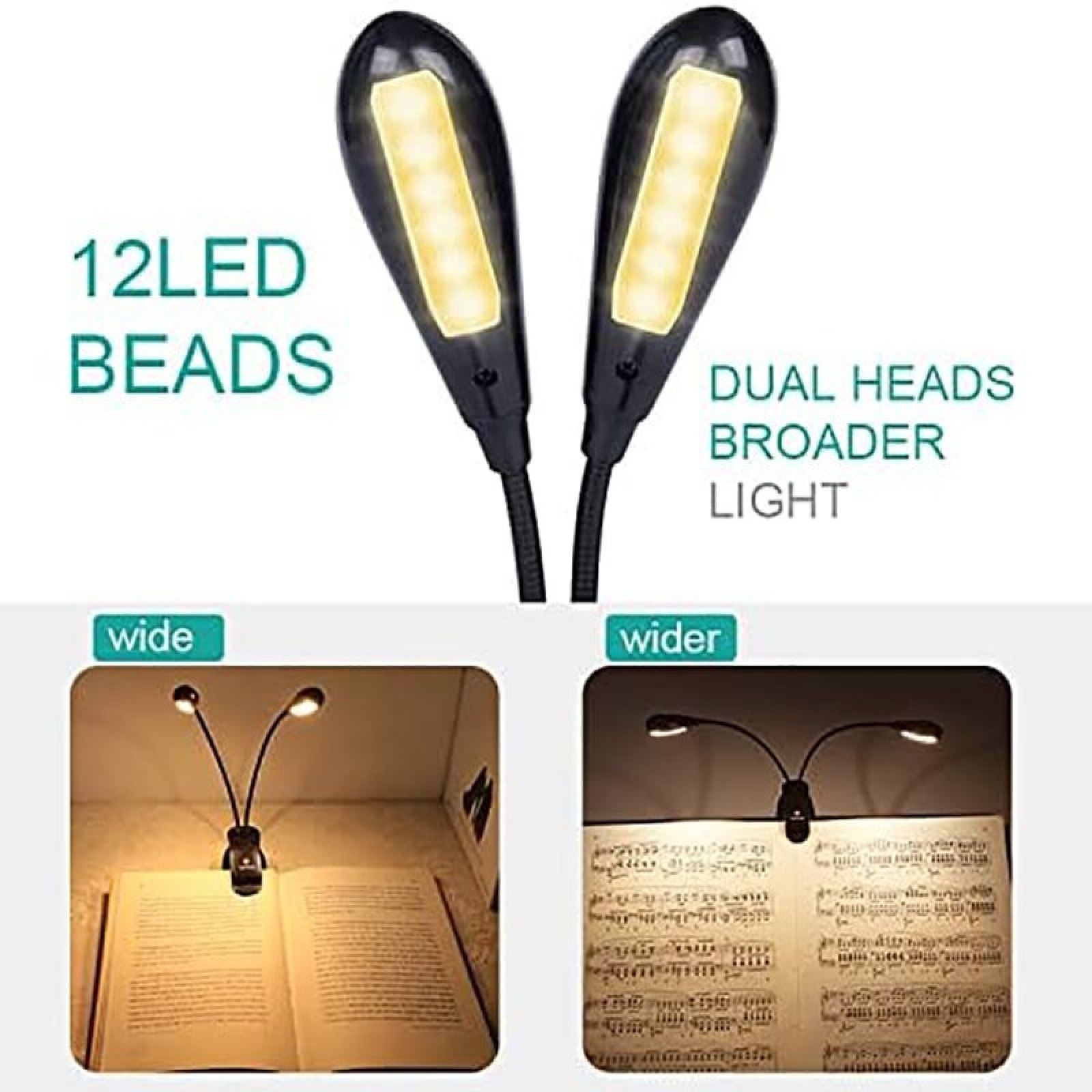 Zweiarmige LED-Buchlampe mit 12 LEDs, klemmt an offenen Büchern zum Lesen.