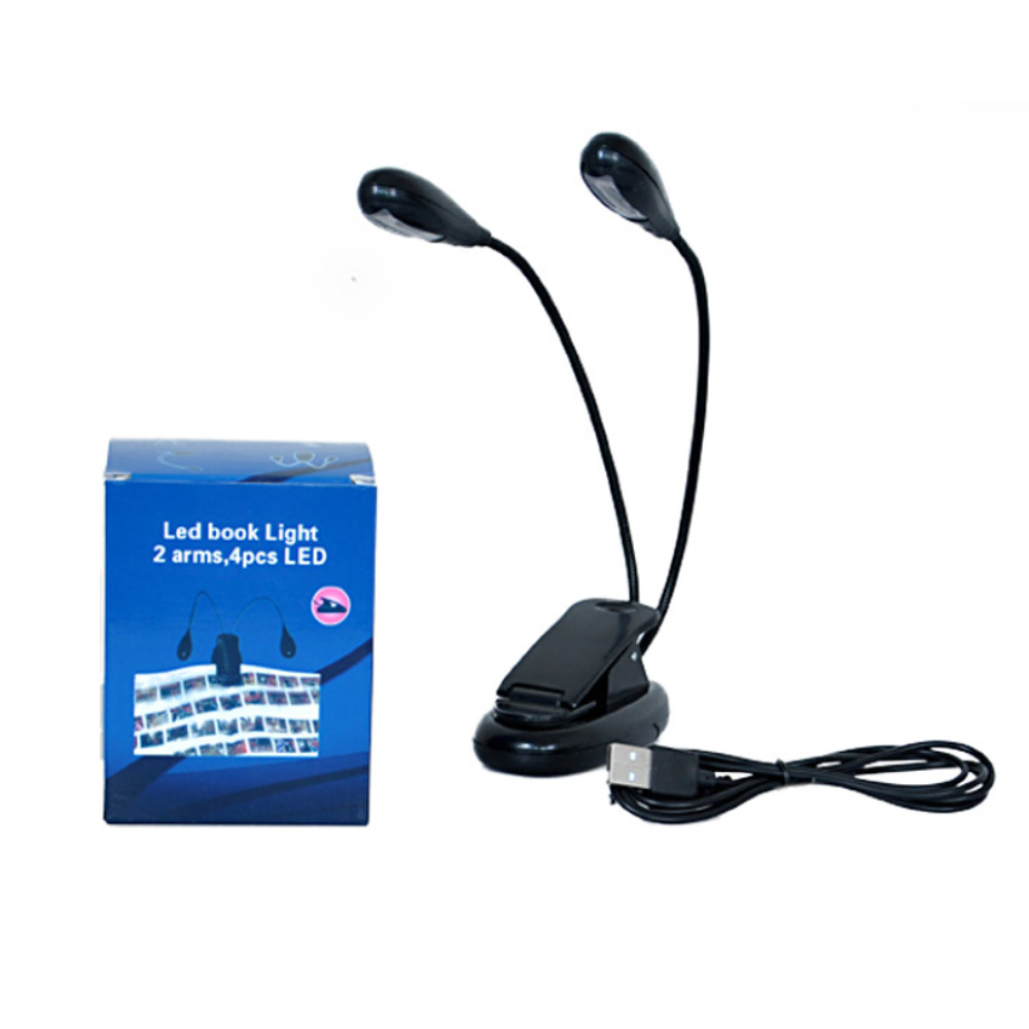 Ein blaues Buch mit einem LED-Buchlicht mit zwei Armen und einem USB-Kabel.
