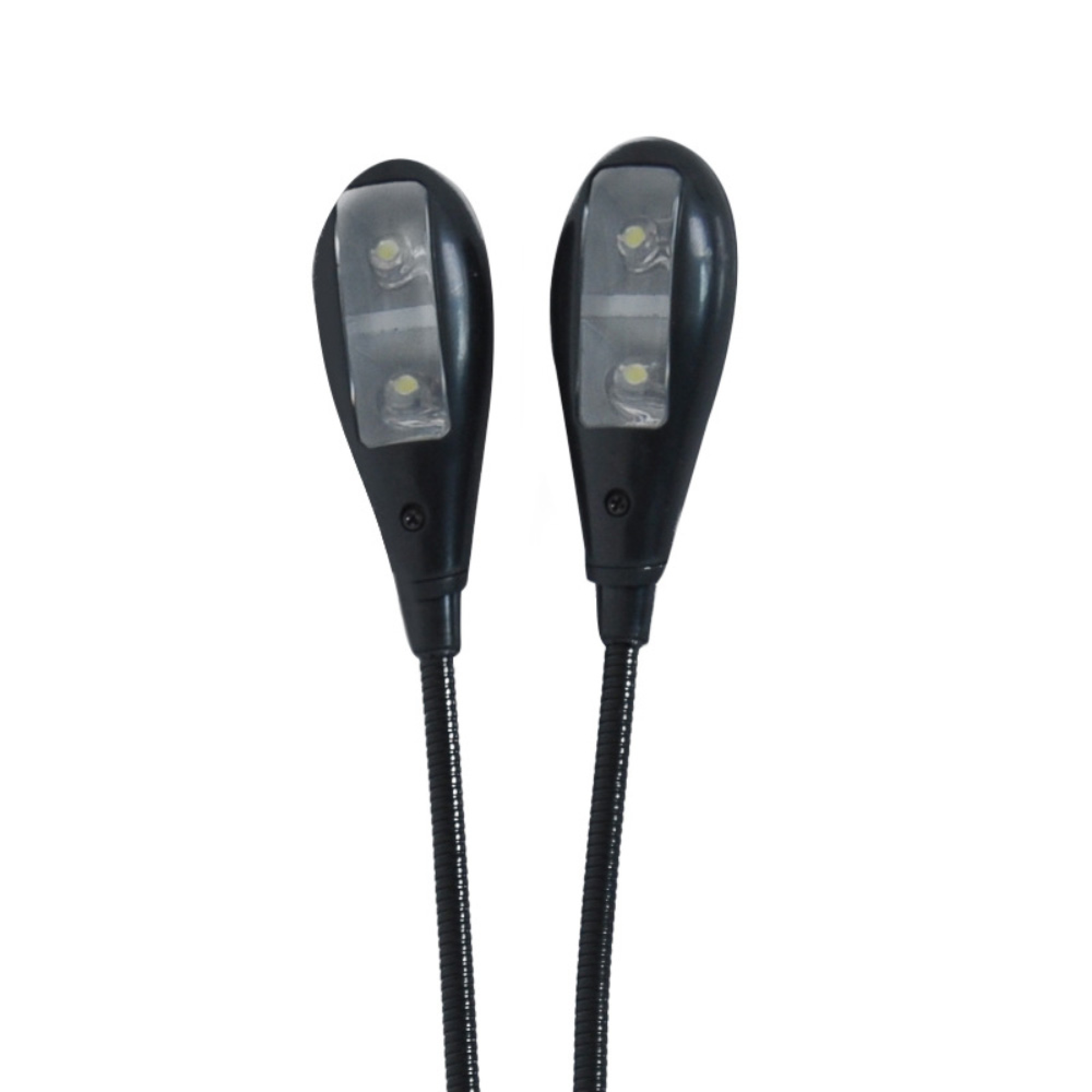 Zwei schwarze Leselampen mit flexiblen Armen und LEDs.