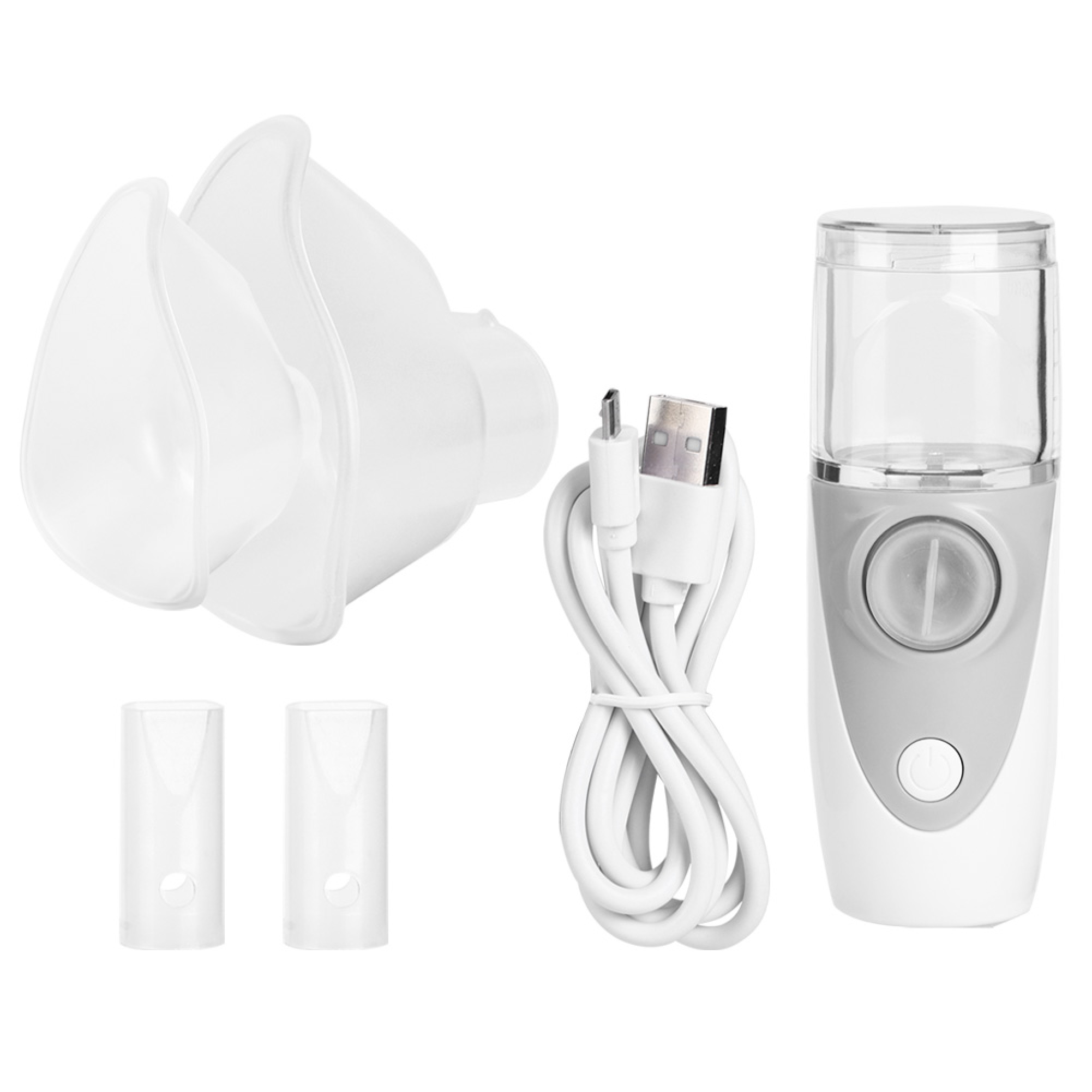 Weißes und graues Vernebler-Set mit USB-Kabel und zwei Masken.