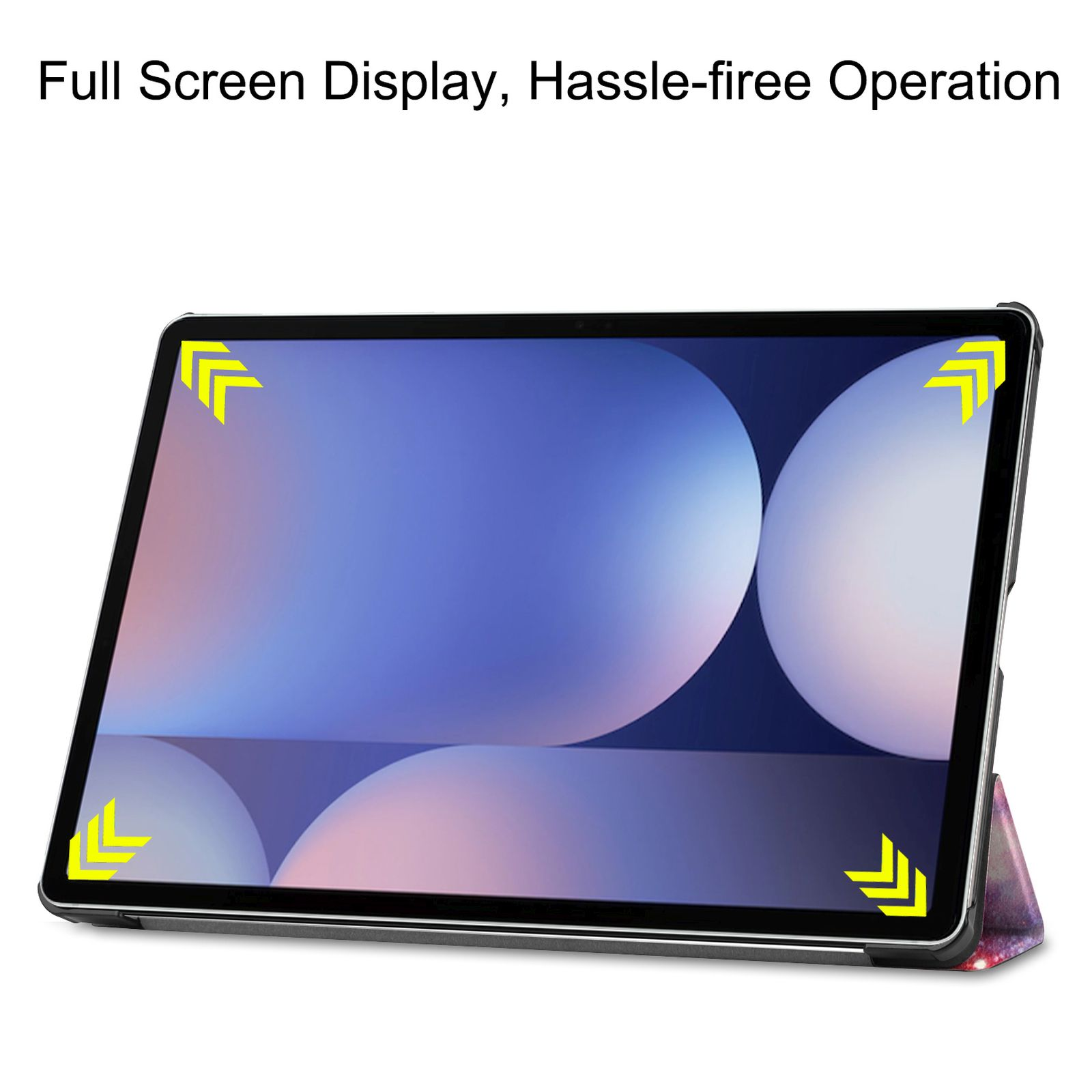 Un tablet con uno sfondo blu e viola, appoggiato su un supporto.