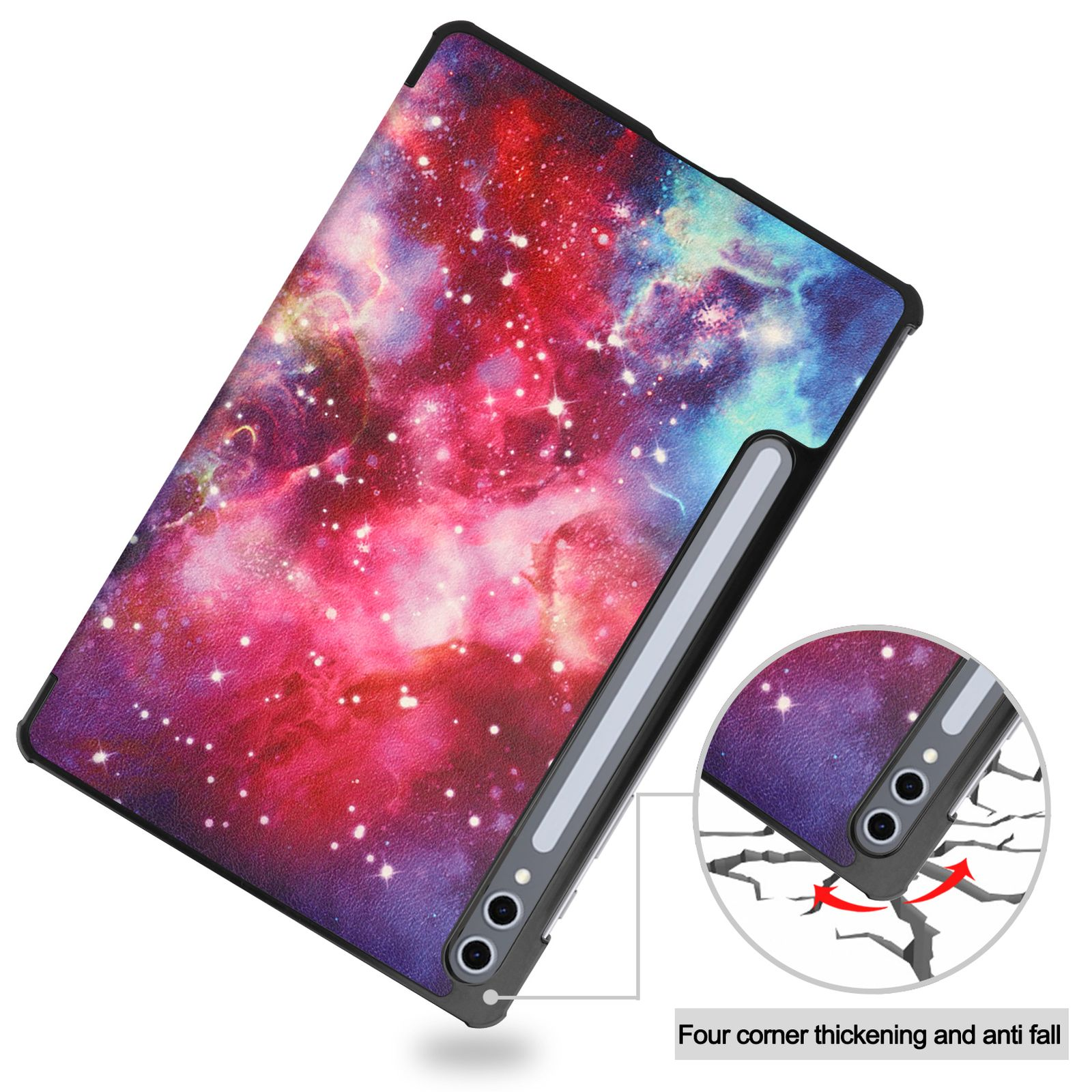 Una custodia per tablet con motivo a galassia rosso, blu e bianco.