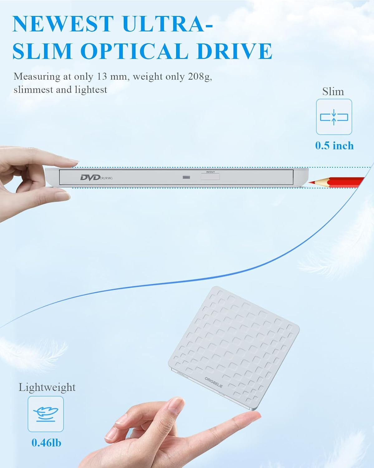 Ultraschlankes optisches Laufwerk von einer Hand gehalten, neben einem Bleistift, der seine Dünnheit zeigt.