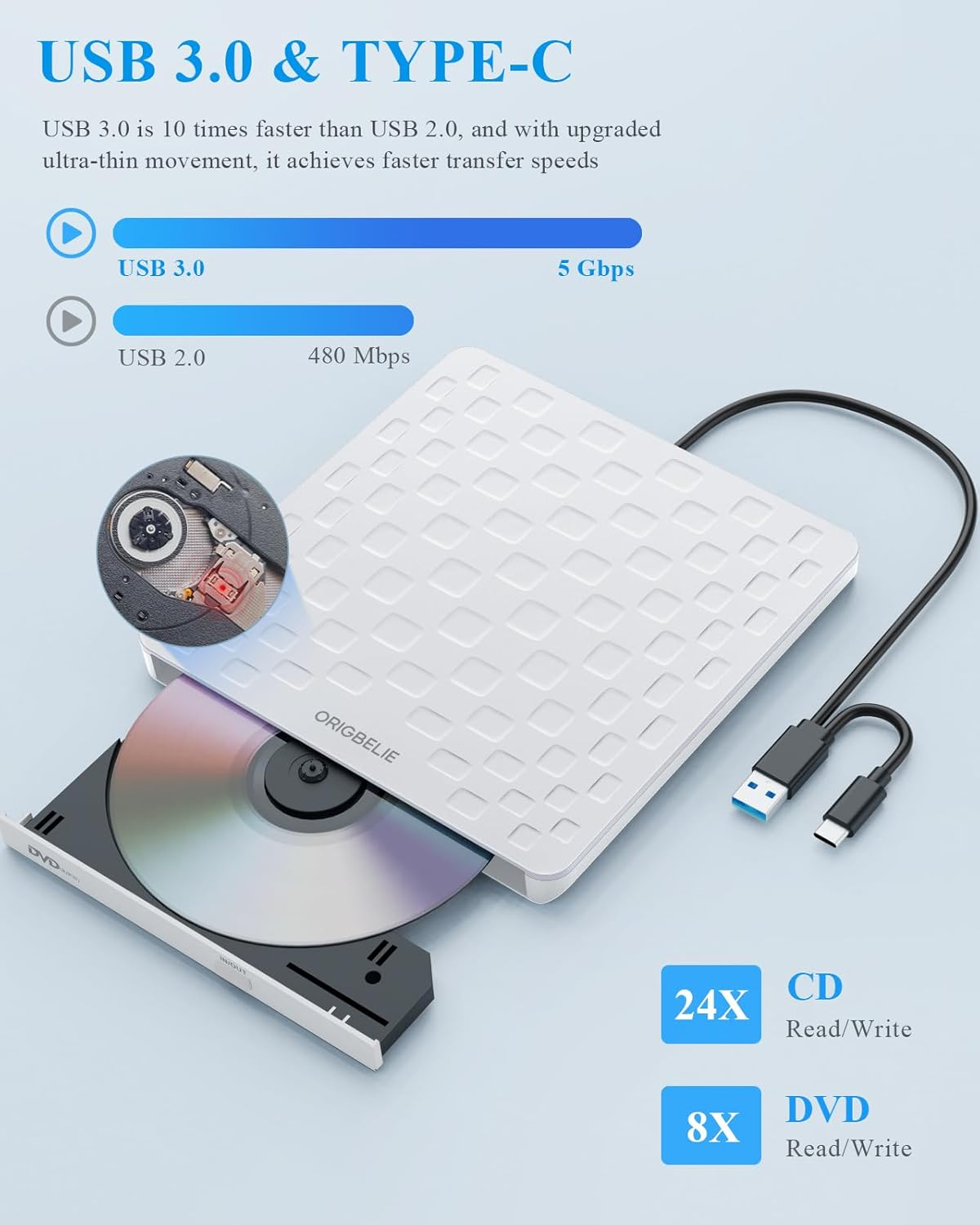 Ein externer USB 3.0 & Typ-C DVD-Brenner mit einer CD-Lesegeschwindigkeit von 24x und DVD von 8x.