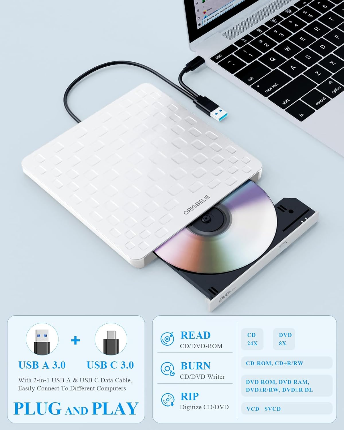 Ein weißes externes CD/DVD-Laufwerk ist über USB mit einem Laptop verbunden.