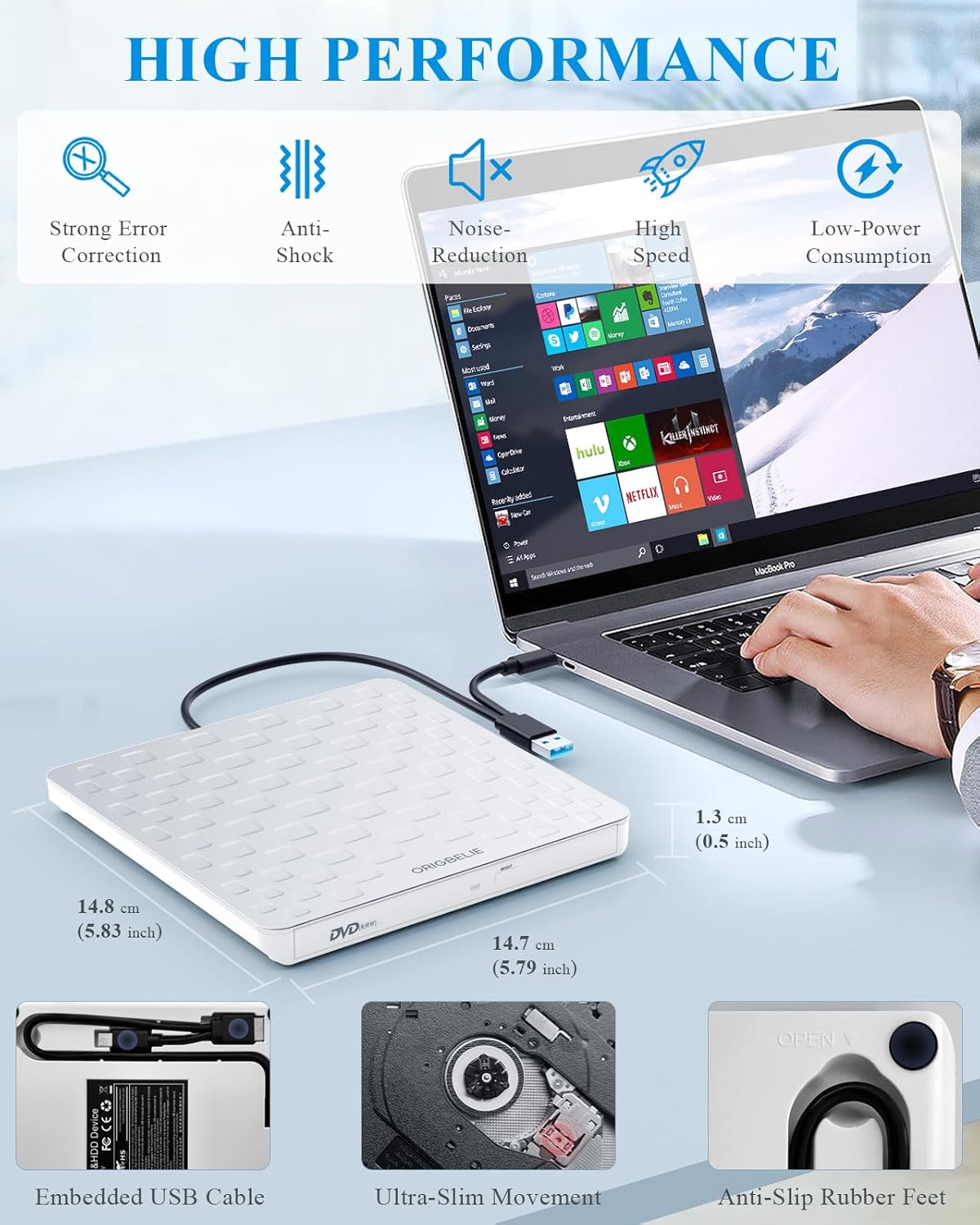 Weiße externe DVD-RW mit USB-Kabel neben einem MacBook Pro, das Windows zeigt.