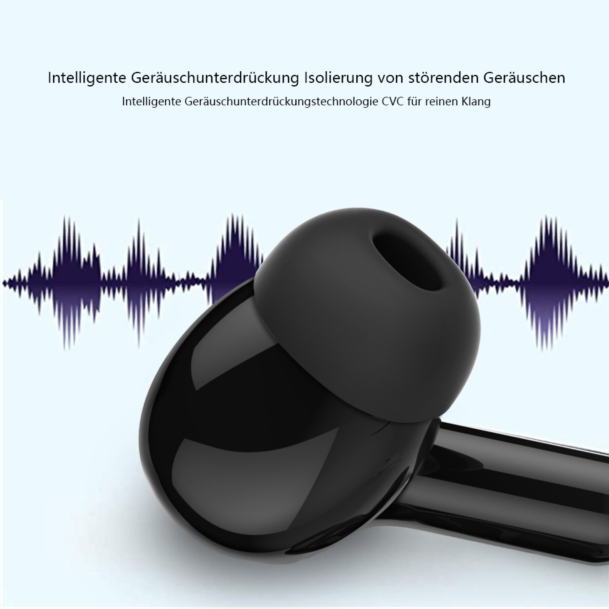 Schwarzer In-Ear-Kopfhörer mit Schallwellen-Grafik im Hintergrund.