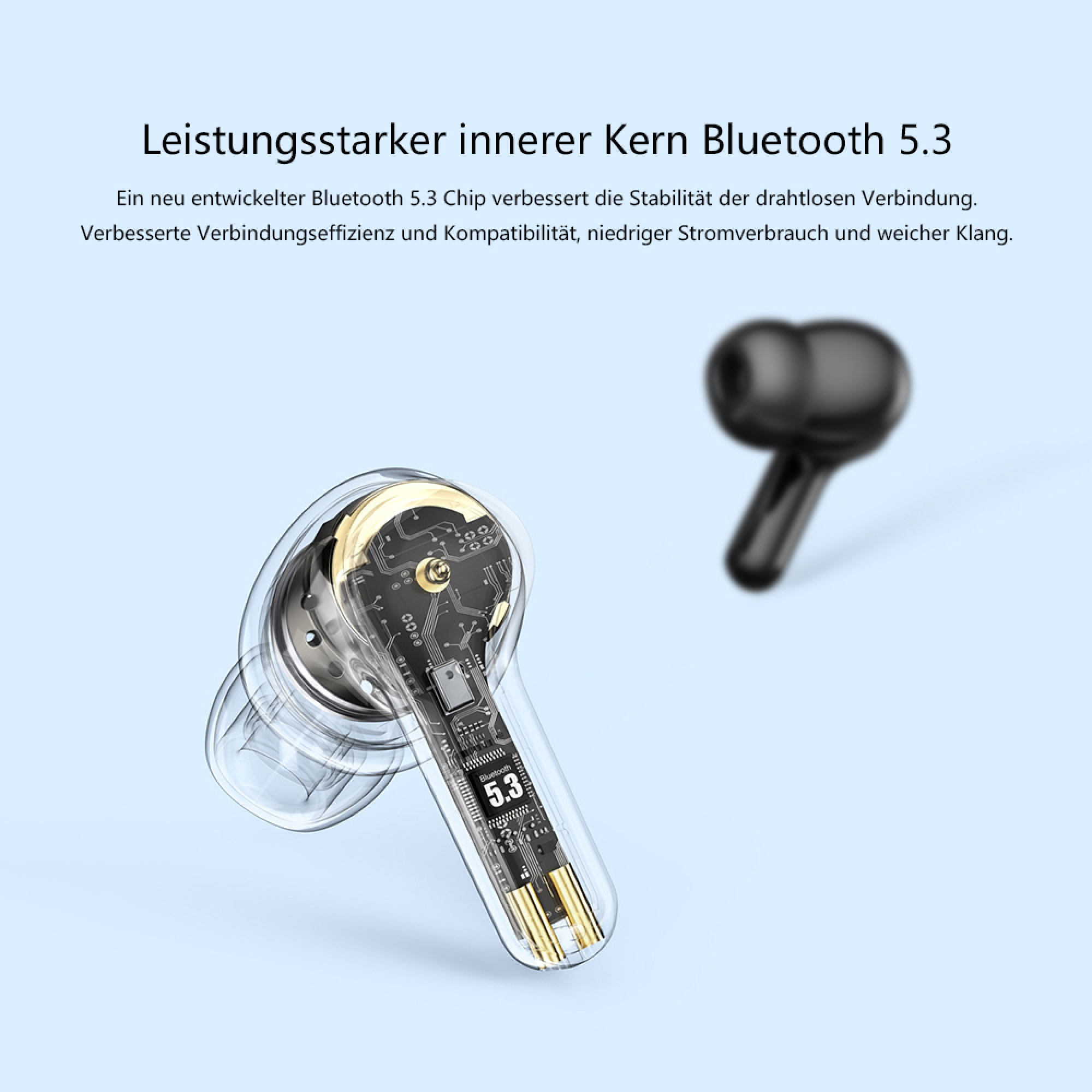 Ein durchsichtiges Ohrhörergehäuse zeigt die Platine mit der Aufschrift "Bluetooth 5.3".