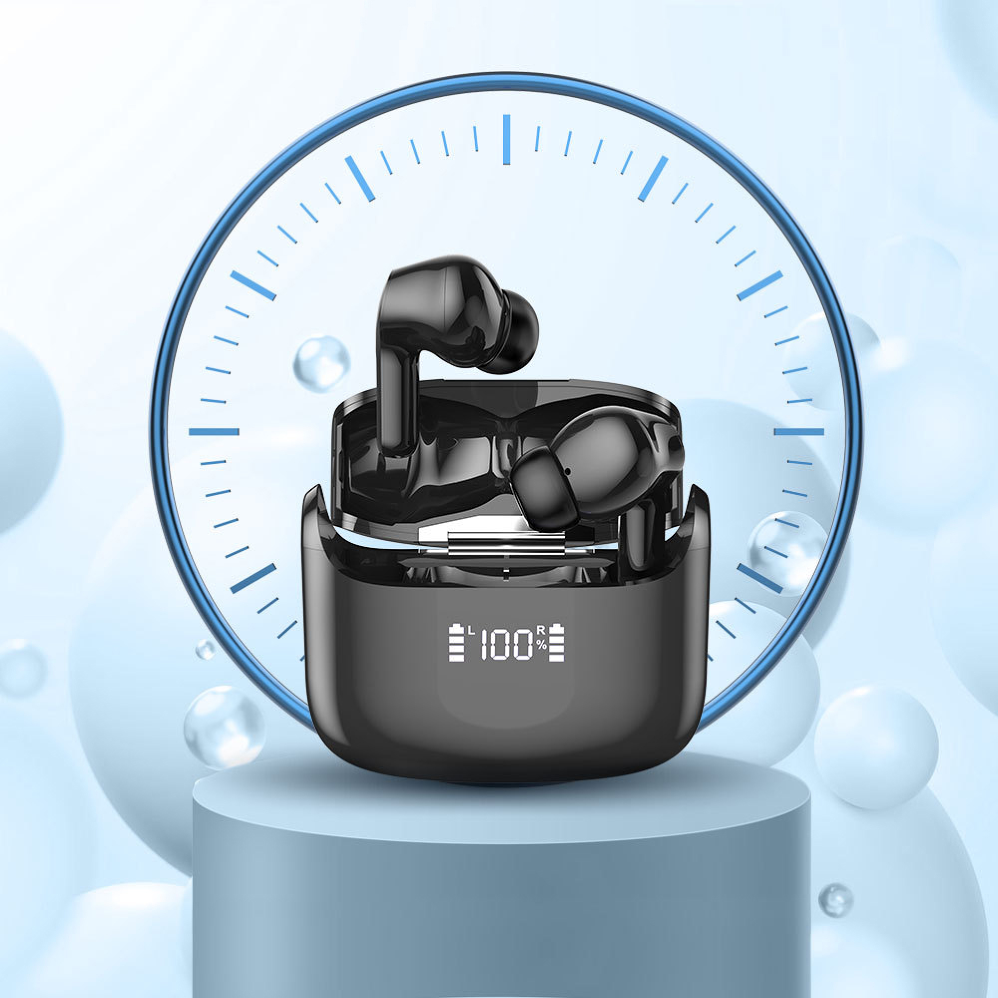 Schwarze kabellose Ohrhörer mit Ladecase, das 100% Batterie anzeigt.