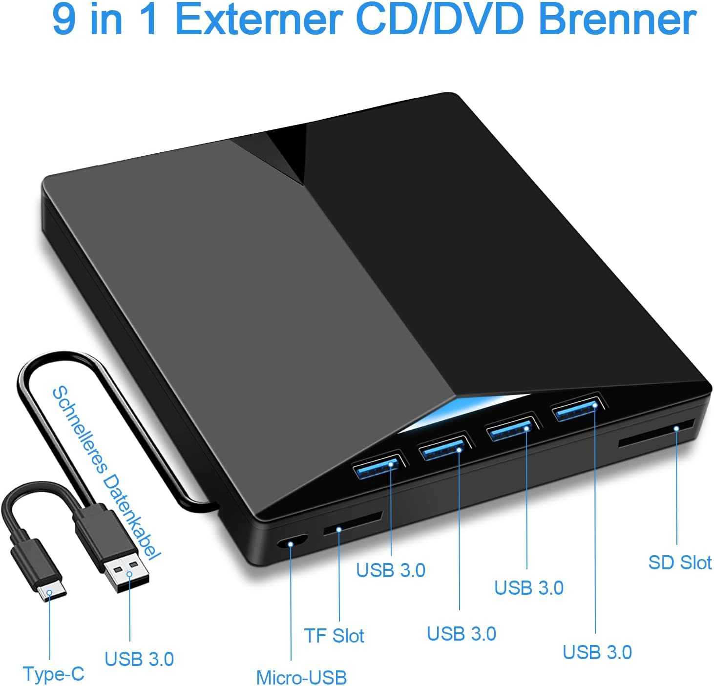 Schwarzer 9-in-1 externer CD/DVD-Brenner mit USB-C-Kabel, mehreren USB-3.0-Anschlüssen, TF- und SD-Kartenslots.
