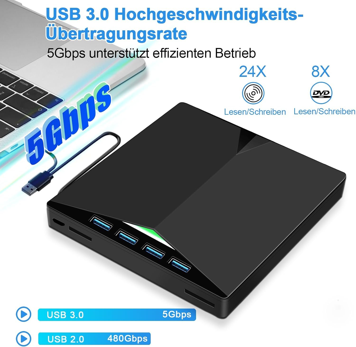 Schwarzer USB-Hub mit 4 Anschlüssen, verbunden mit einem Laptop. Informationen zu 5Gbps.