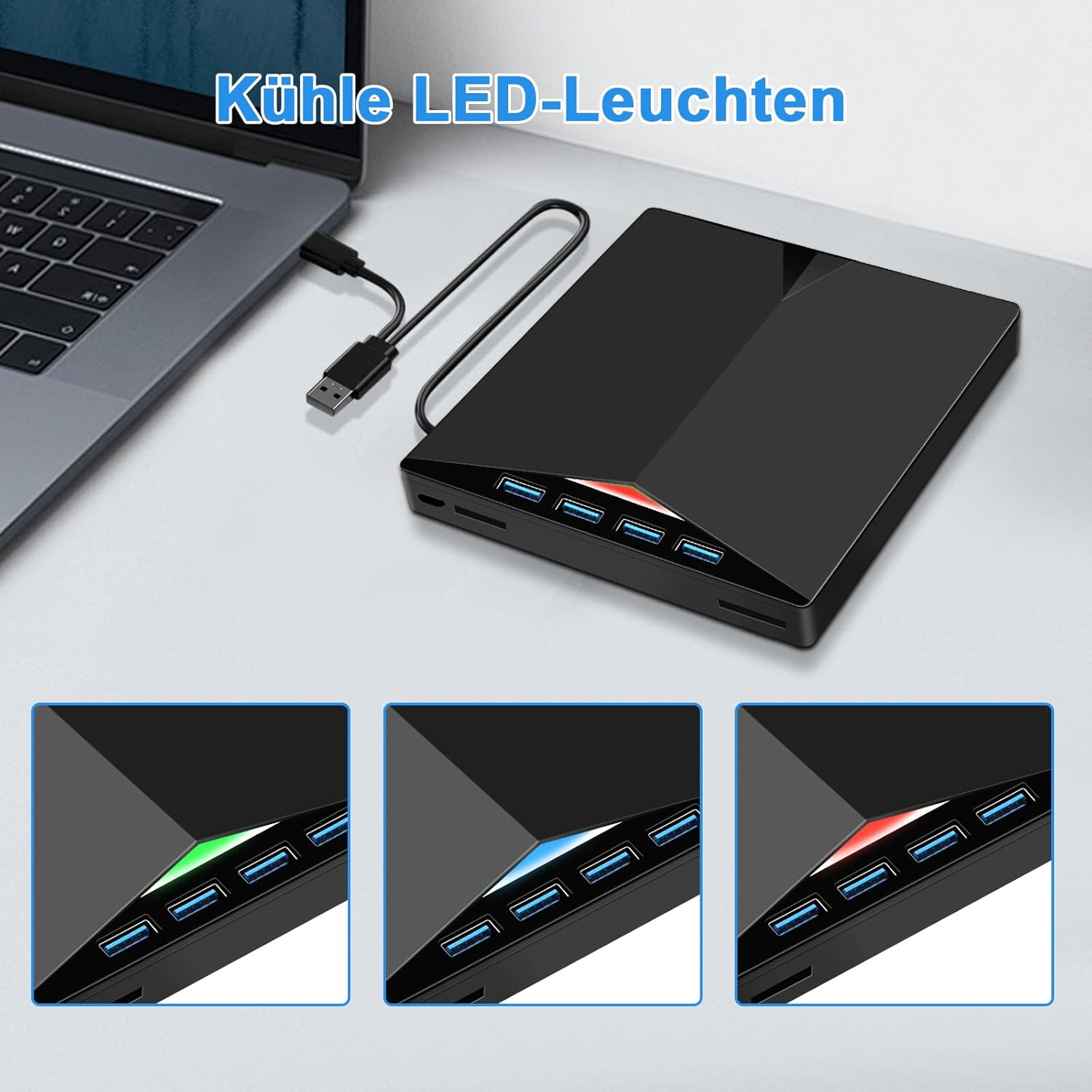Schwarzer USB-Hub mit mehreren Anschlüssen und LEDs, verbunden mit einem Laptop.