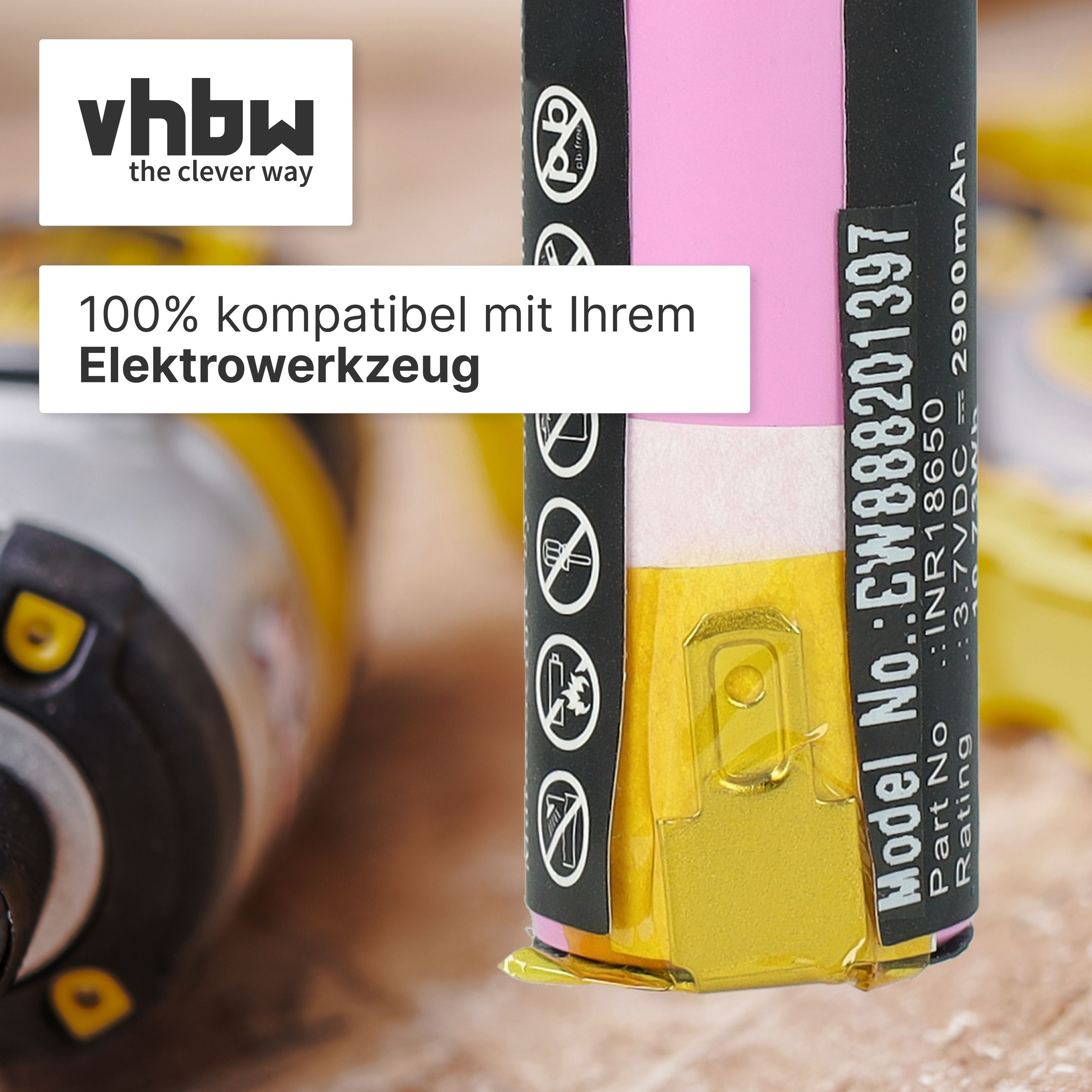 Ein Werkzeugakku mit Aufdruck und dem vhbw Logo.