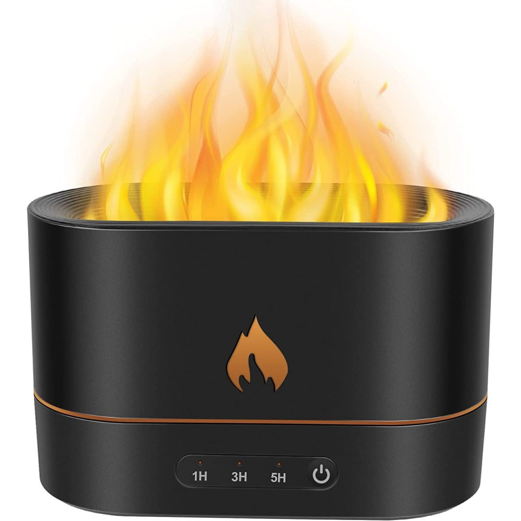 Schwarzer Aroma-Diffusor mit realistischer Flammenwirkung und Timer-Tasten.