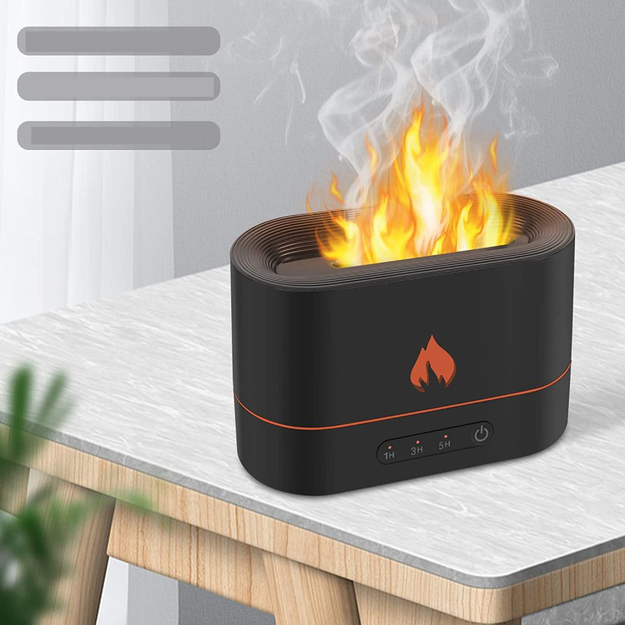 Ein schwarzer Diffusor mit Flammen-Effekt und Rauch auf einem Tisch.