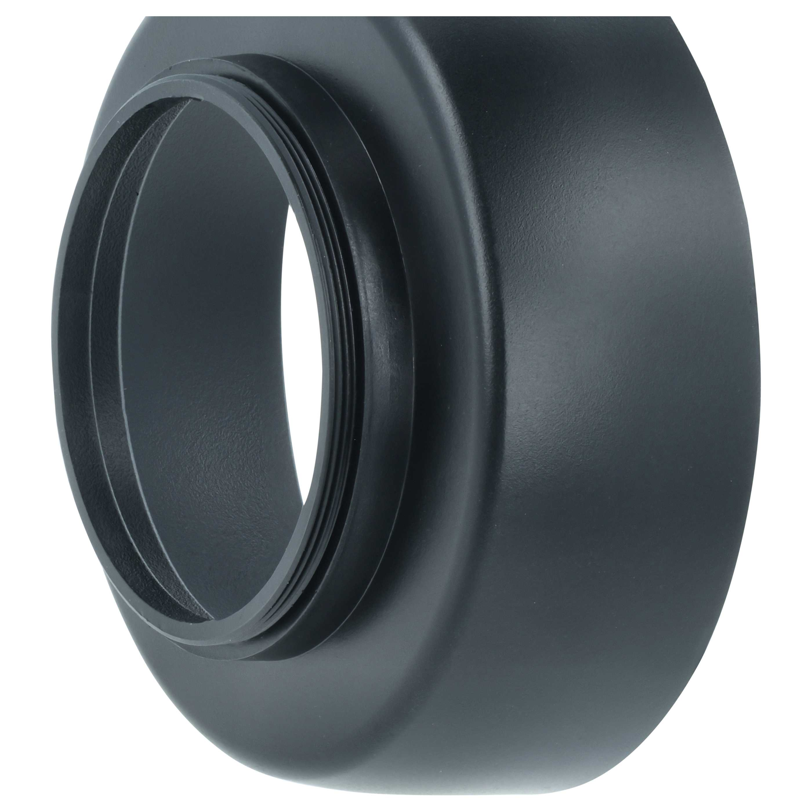 Schwarze Gegenlichtblende mit Innengewinde, glatter Außenseite und geschwungener Form.