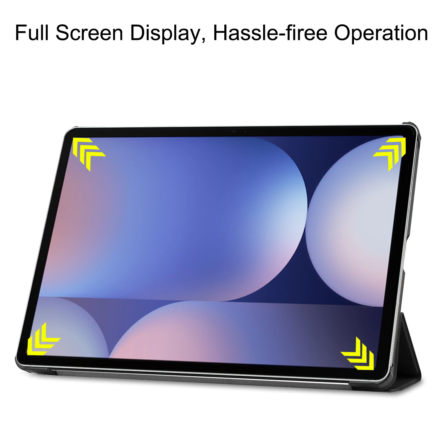 Tablet con schermo grande e supporto, con frecce gialle negli angoli.
