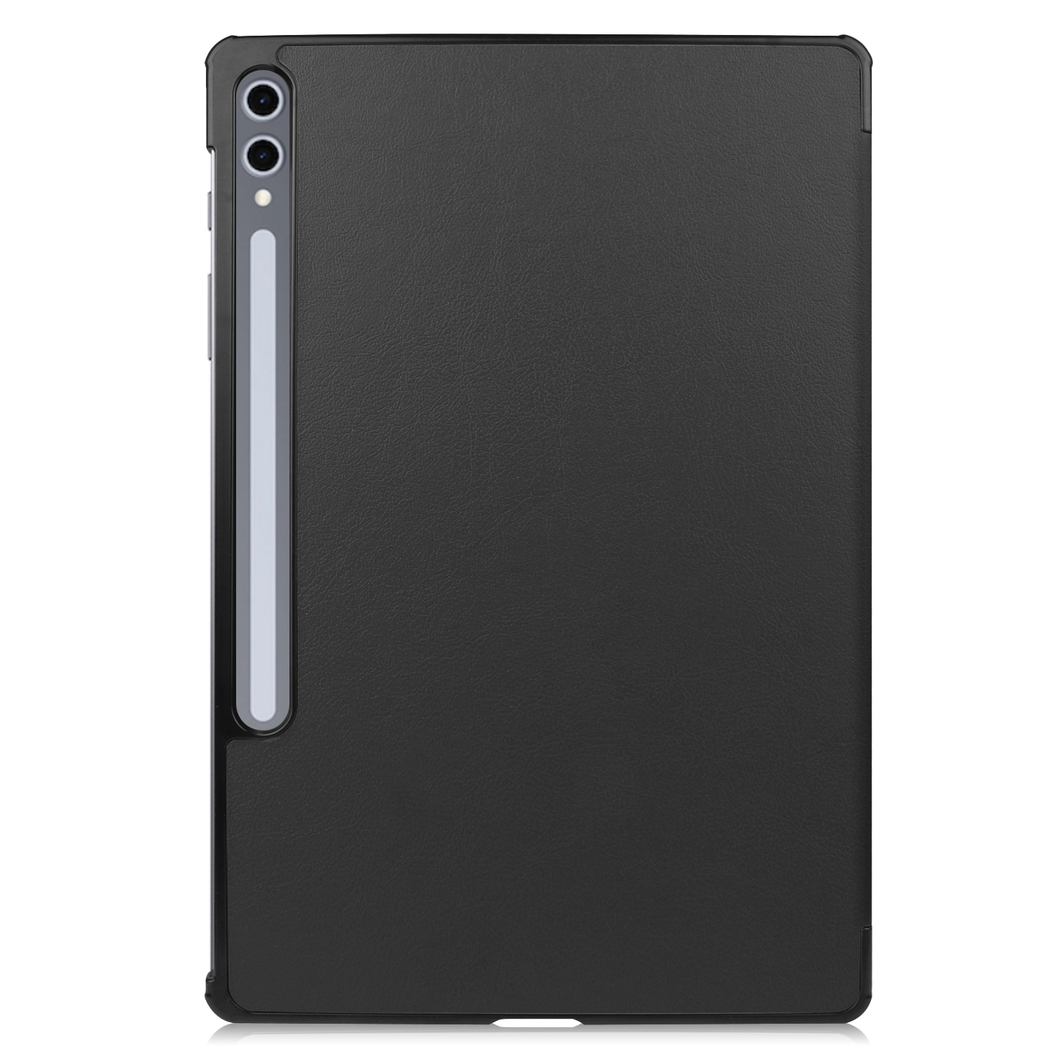 Custodia nera per tablet con ritaglio fotocamera posteriore e porta penna.
