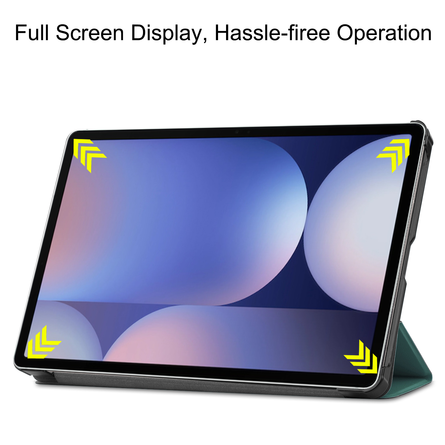 Un tablet con supporto verde e frecce gialle sugli angoli.