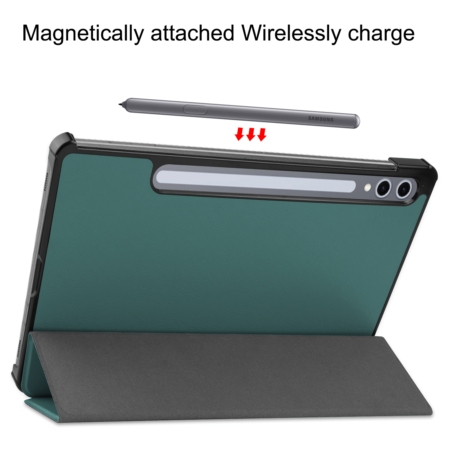 Uno stilo grigio fluttua sopra un tablet verde con supporto. Frecce rosse puntano verso il basso.