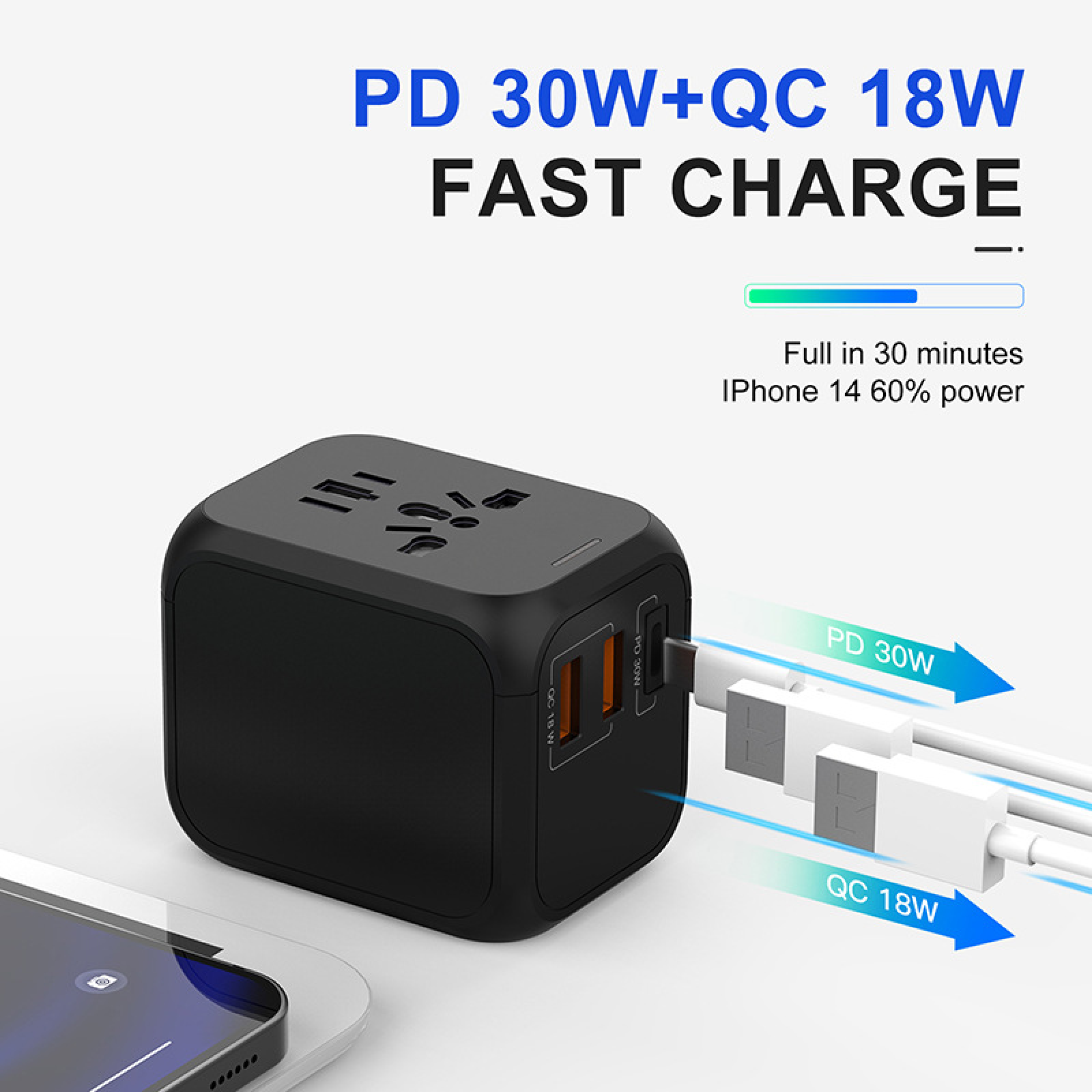 Schwarzer Reiseadapter mit PD 30W und QC 18W Ladeanschlüssen, lädt iPhone 14 in 30 Min.