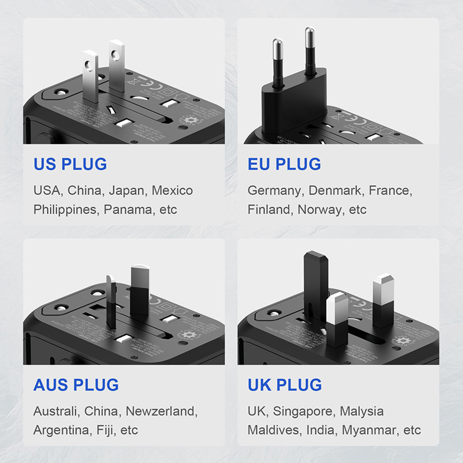 Vier Reiseadapter: US, EU, AUS und UK Stecker auf schwarzem Hintergrund.