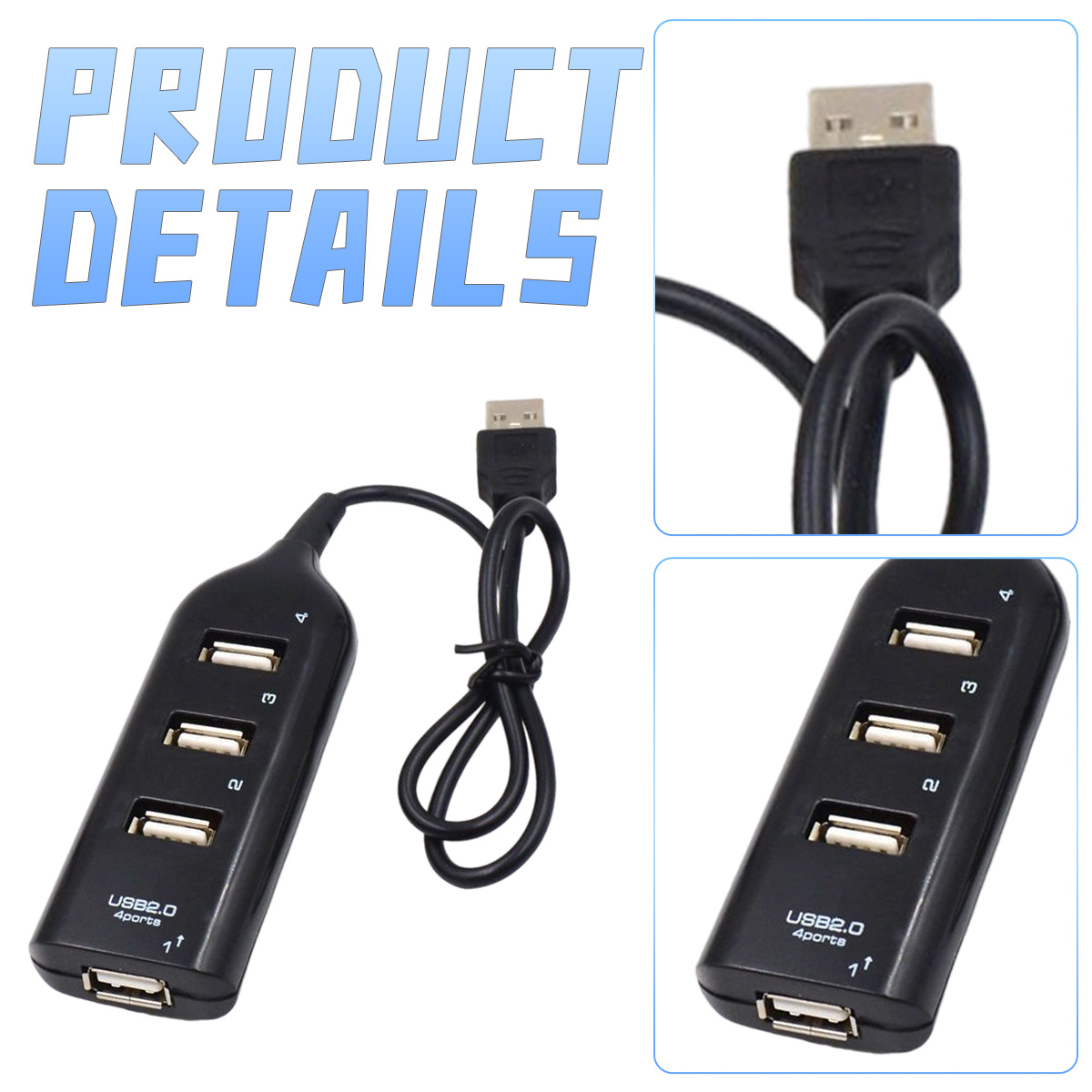 Schwarzer USB 2.0 Hub mit 4 Anschlüssen und geflochtenem Kabel.