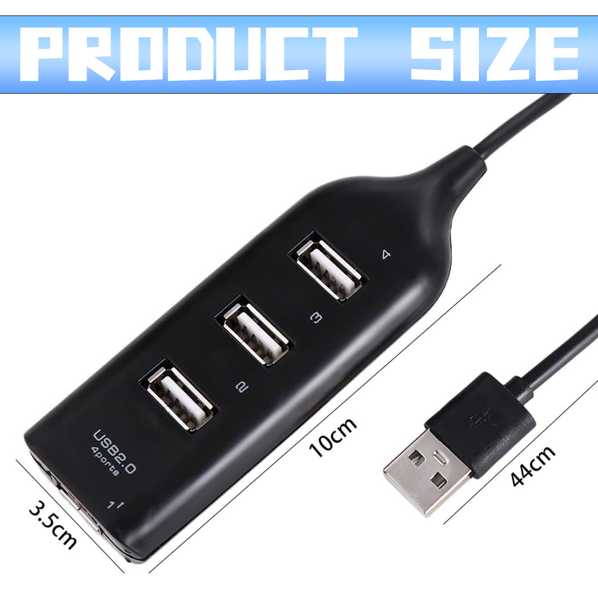 Schwarzer 4-Port-USB-Hub mit Maßen 10x3,5cm und 44cm Kabel.