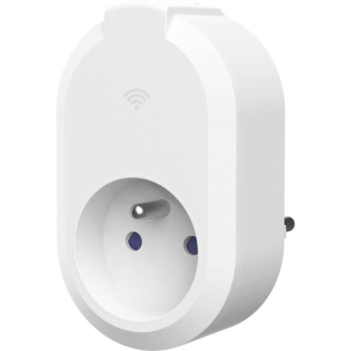 Ein weißer WLAN-Stecker mit Steckdose und einem WLAN-Symbol.