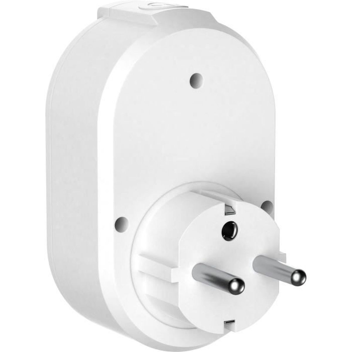 Ein weißer Steckeradapter mit zwei Metallstiften auf weißem Hintergrund.
