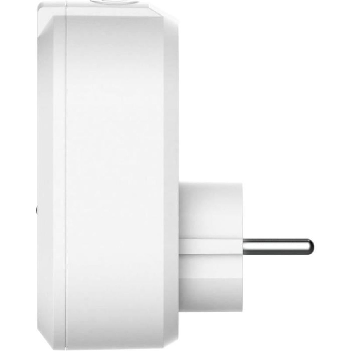 Ein weißer Steckeradapter mit einem Metallstift, der nach rechts herausragt.