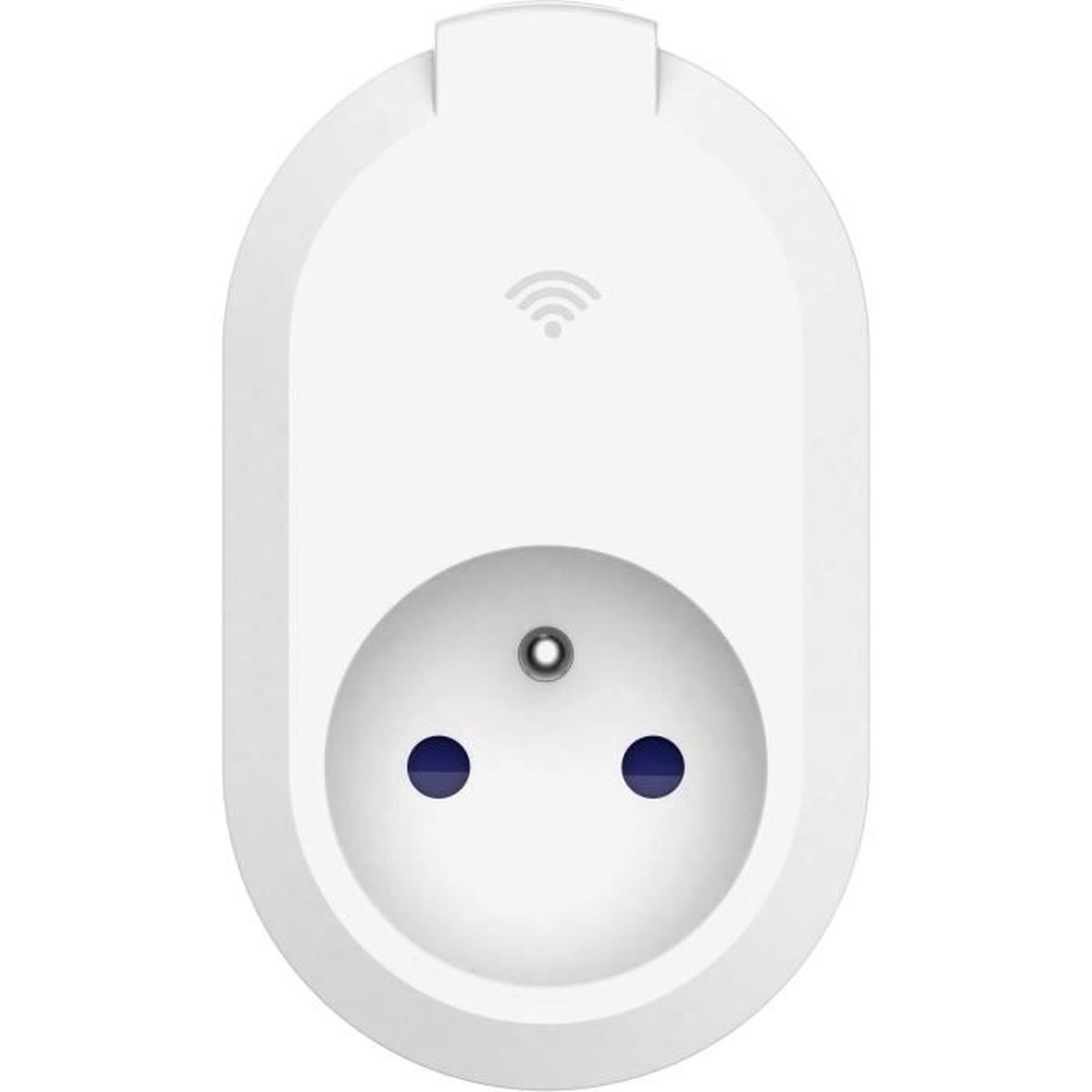 Ein weißer, ovaler Stecker mit Steckdose und WLAN-Symbol.
