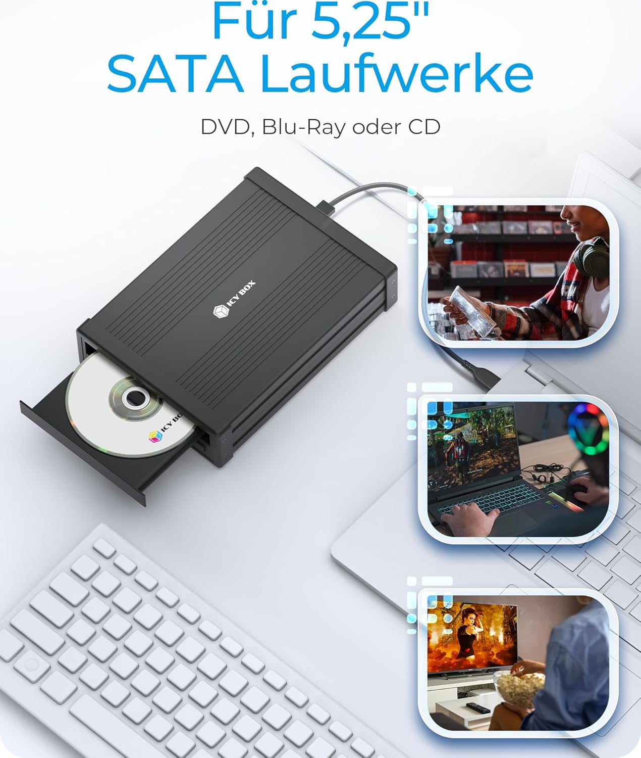 Schwarzes externes SATA-Laufwerk mit CD und drei integrierten Anwendungsbildern.
