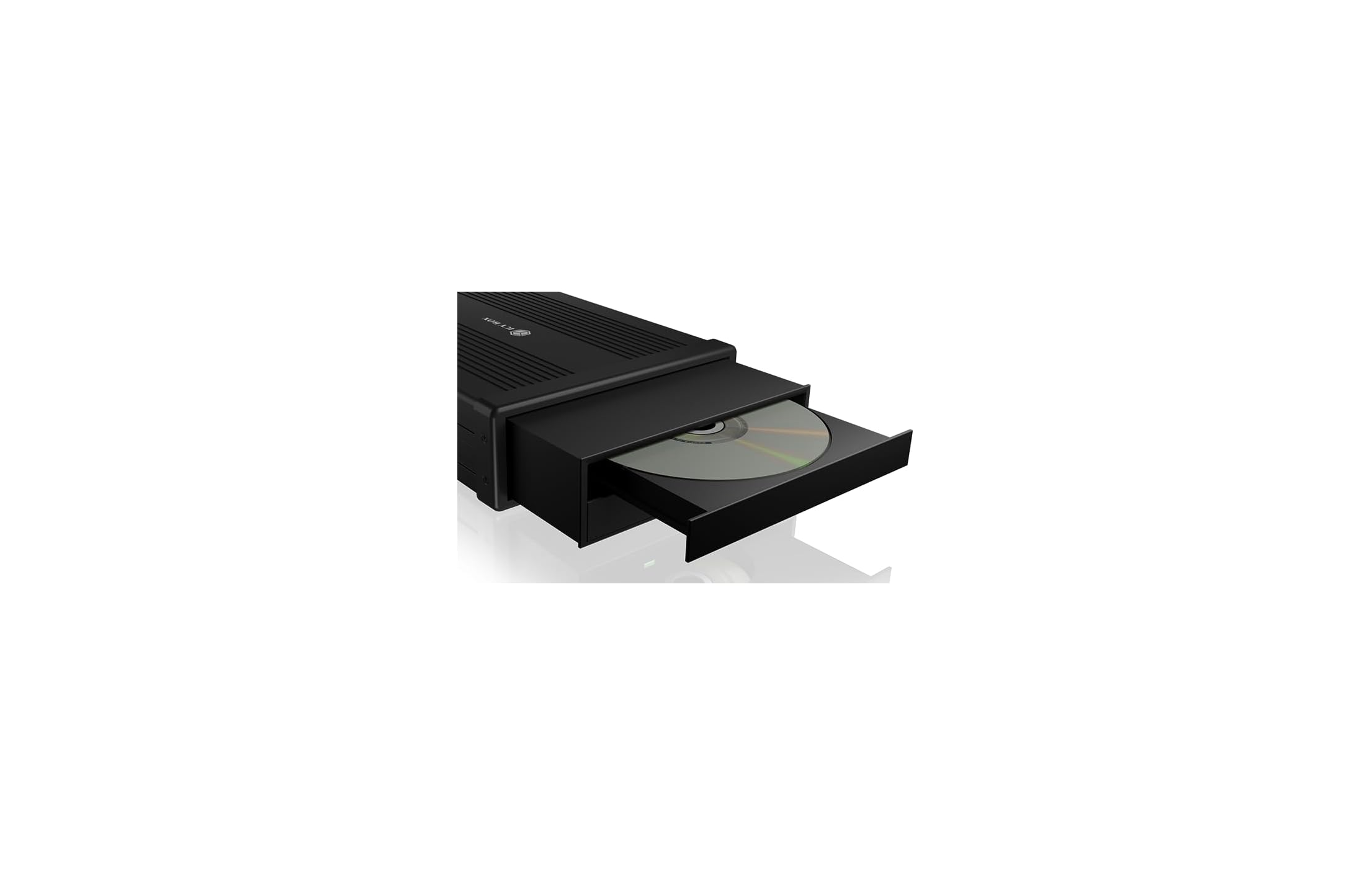 Schwarzer CD-Player mit eingelegter CD und ausgefahrenem Fach.