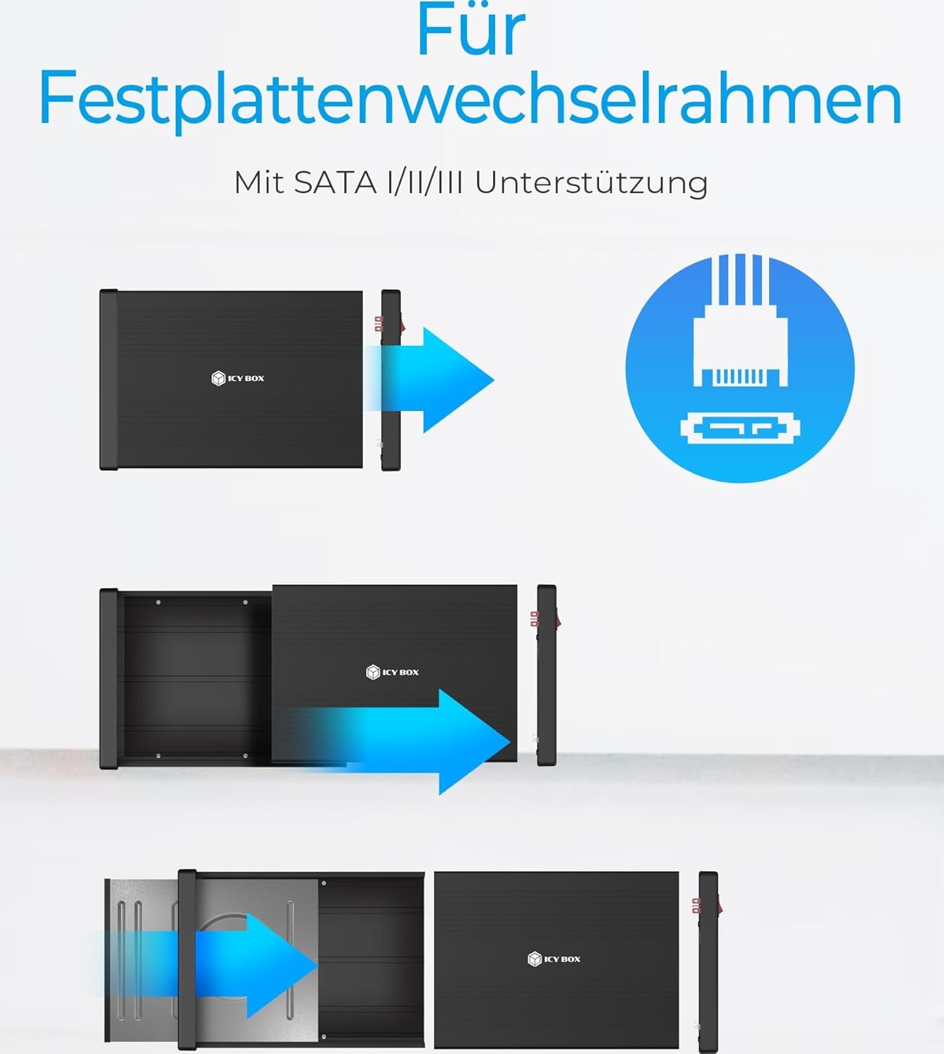 Schwarzer ICY BOX Festplattenrahmen mit SATA-Anschluss und Pfeilen.