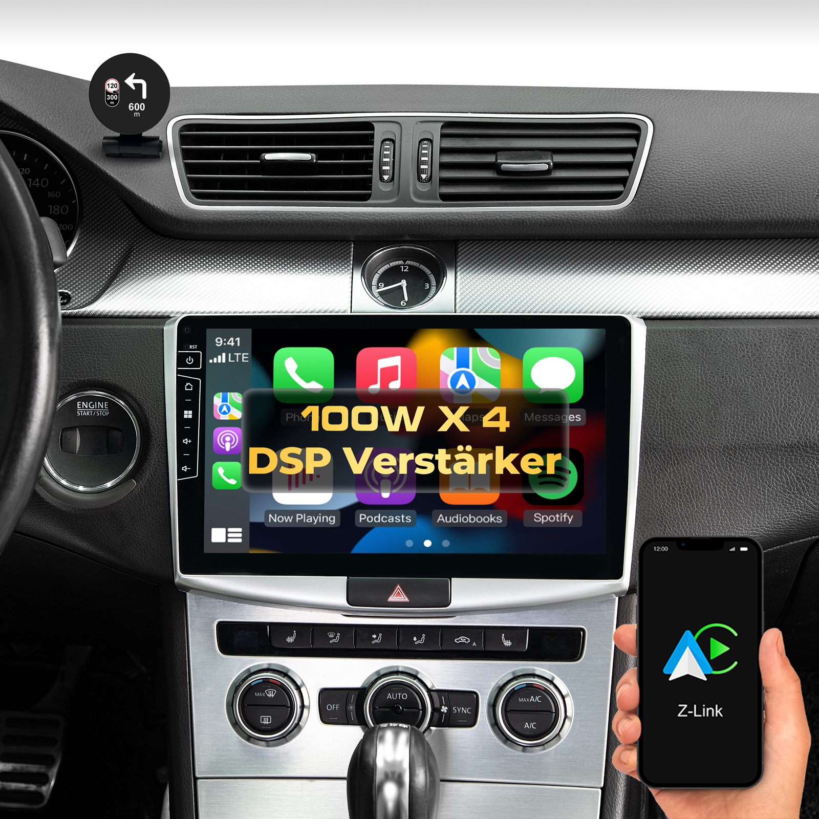 Ein Auto-Infotainmentsystem mit Navigationsanzeige, Klimasteuerung und einem Smartphone.