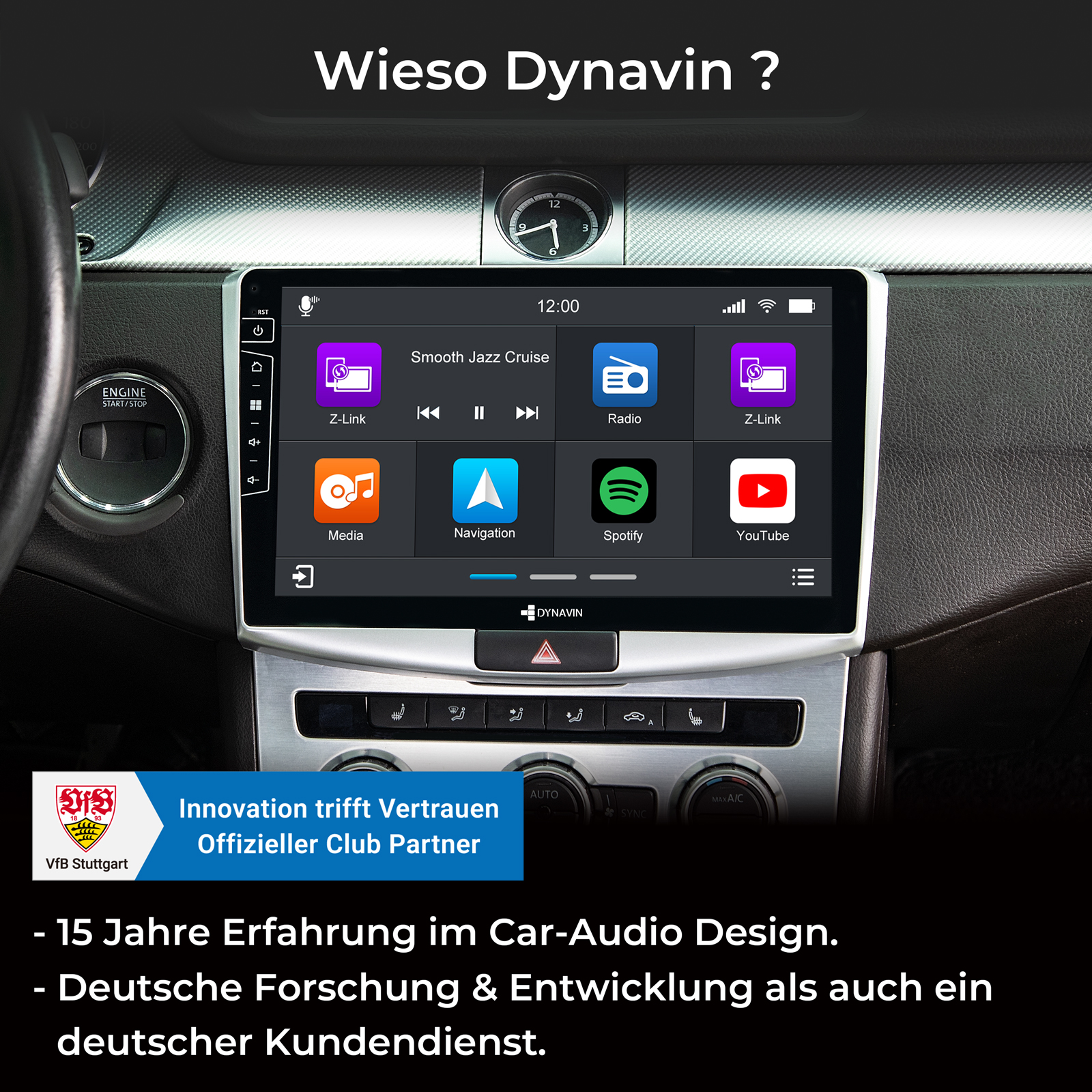 Auto-Infotainmentsystem mit Dynavin-Logo, App-Icons und VfB Stuttgart-Logo.