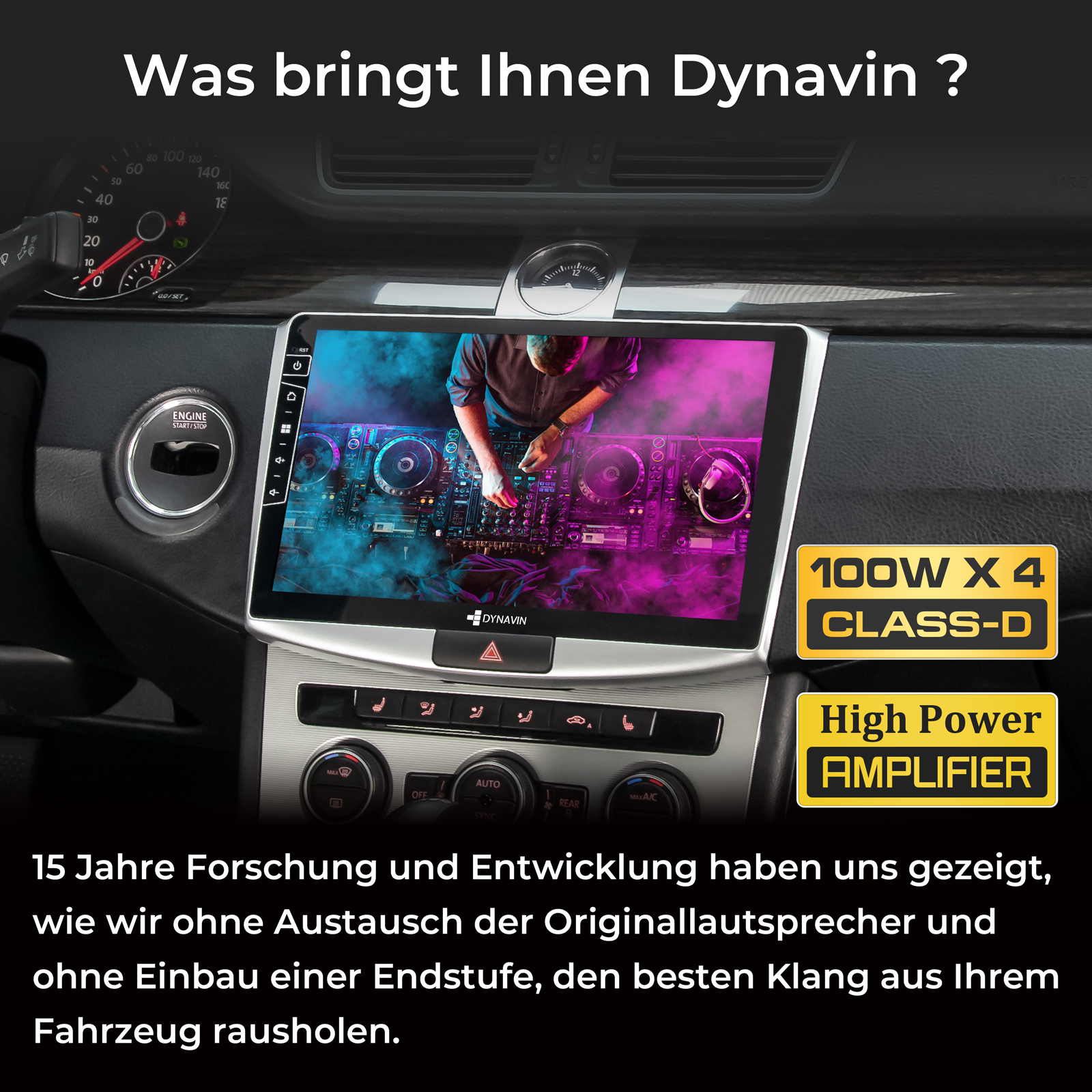 Ein Autoradio mit DJ-Bildschirm, Motorstartknopf, Tacho und Bedienelementen.