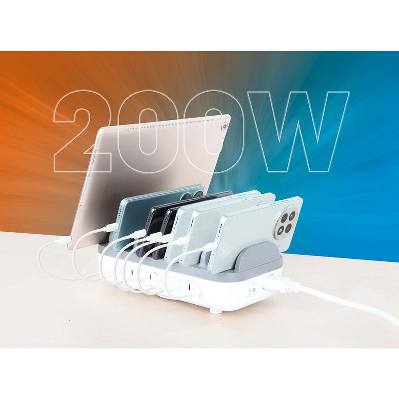 Ladestation für mehrere Geräte mit 200W, lädt ein Tablet und mehrere Smartphones.