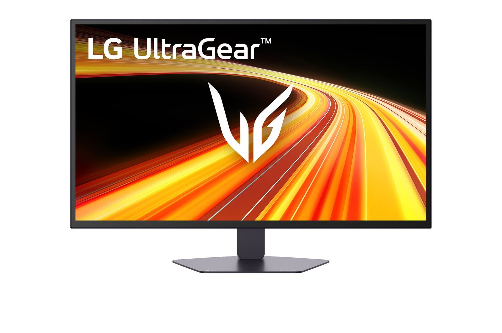 Ein LG UltraGear Gaming-Monitor mit einem lebendigen, abstrakten Hintergrund.