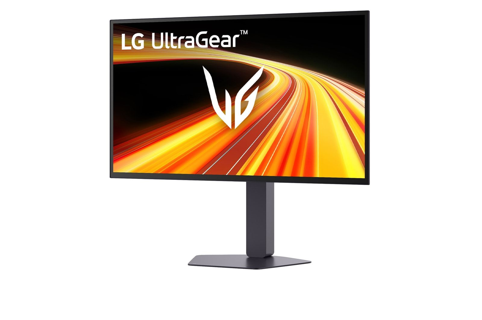 LG UltraGear Monitor mit abstraktem Hintergrund in Orange- und Gelbtönen.