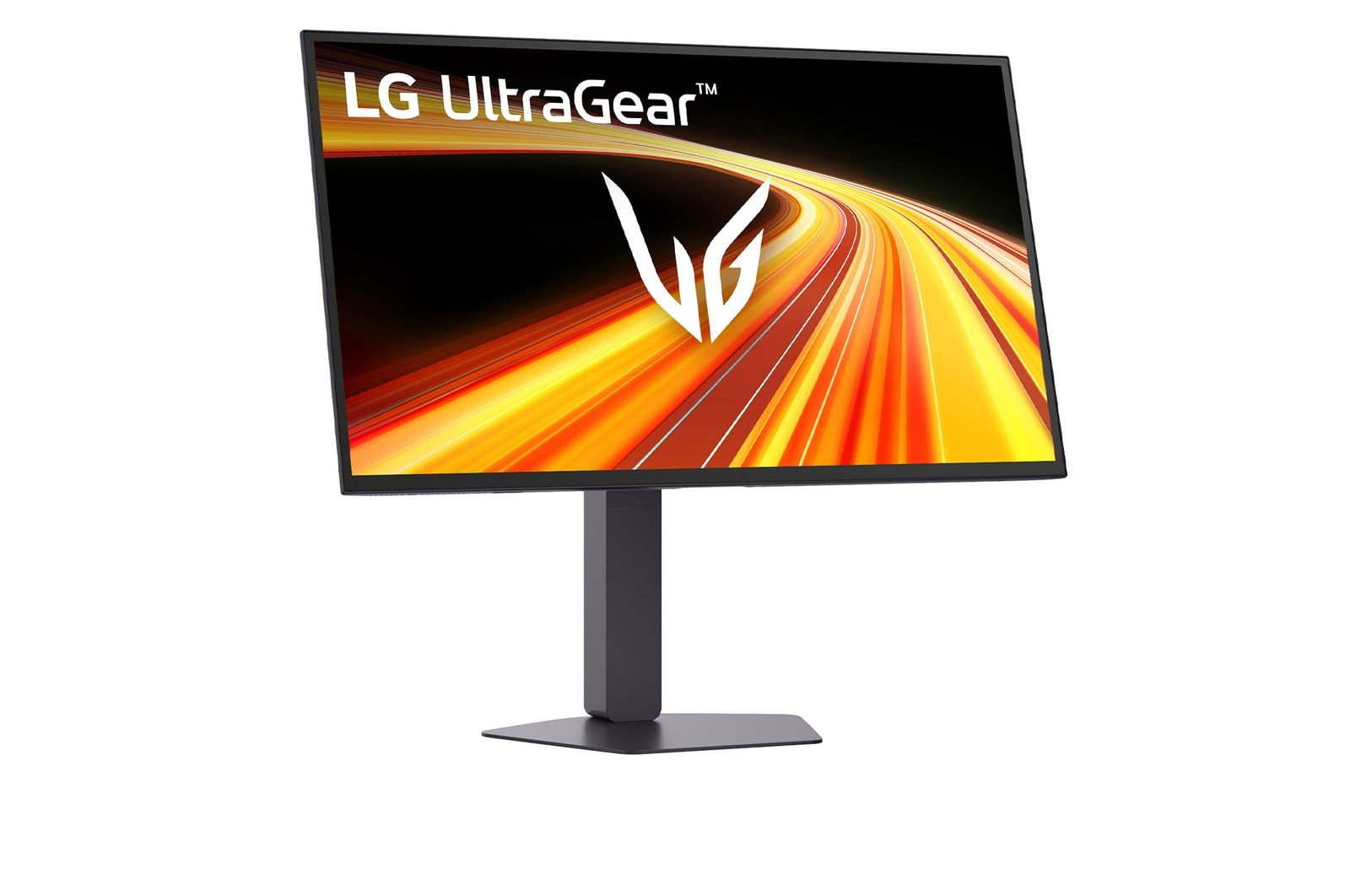 Ein LG UltraGear Monitor mit einem abstrakten orangen und gelben Hintergrund.