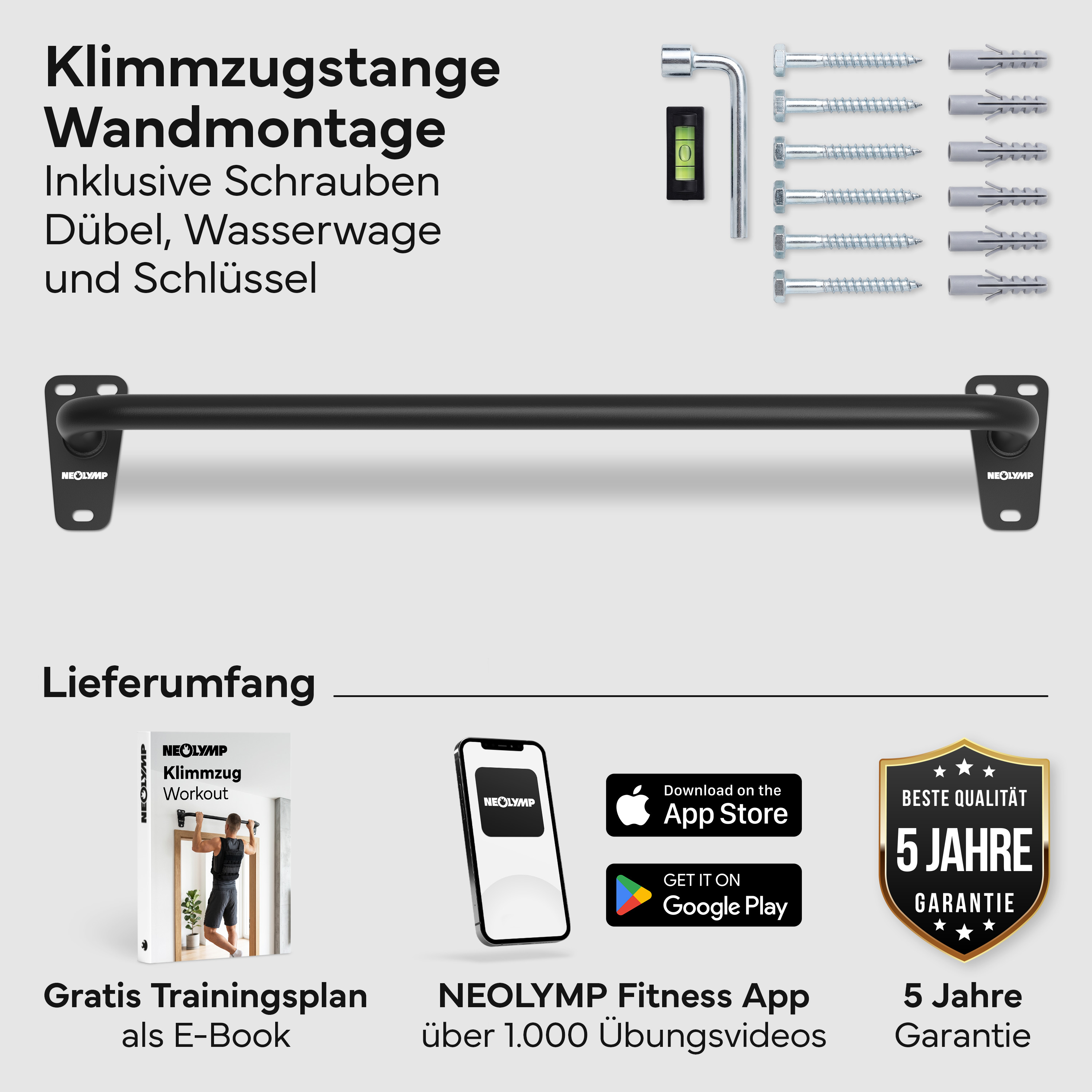 Eine schwarze Klimmzugstange mit Wandmontage-Zubehör und Anleitung.