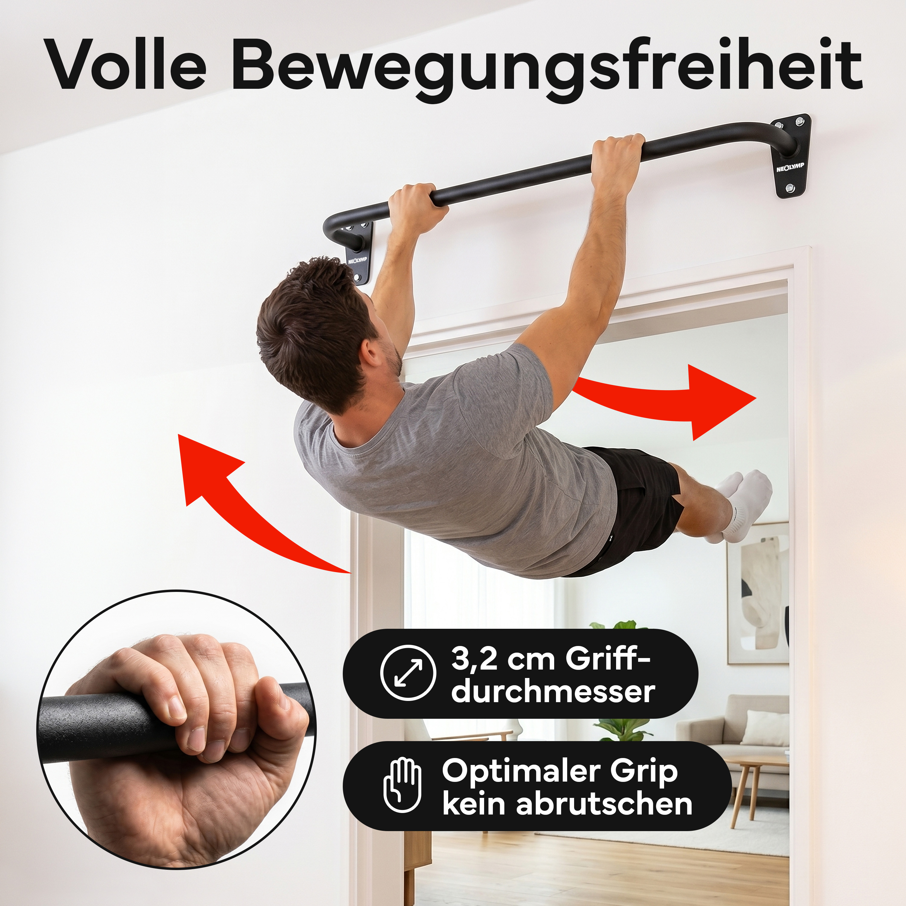 Mann hängt an Klimmzugstange, mit Pfeilen und Textfeldern.