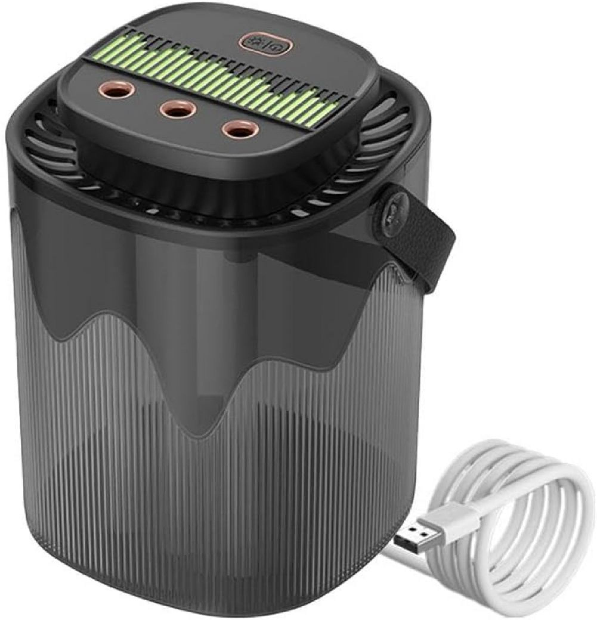 Schwarzer Zylinder mit USB-Kabel und grünen Lichtern.