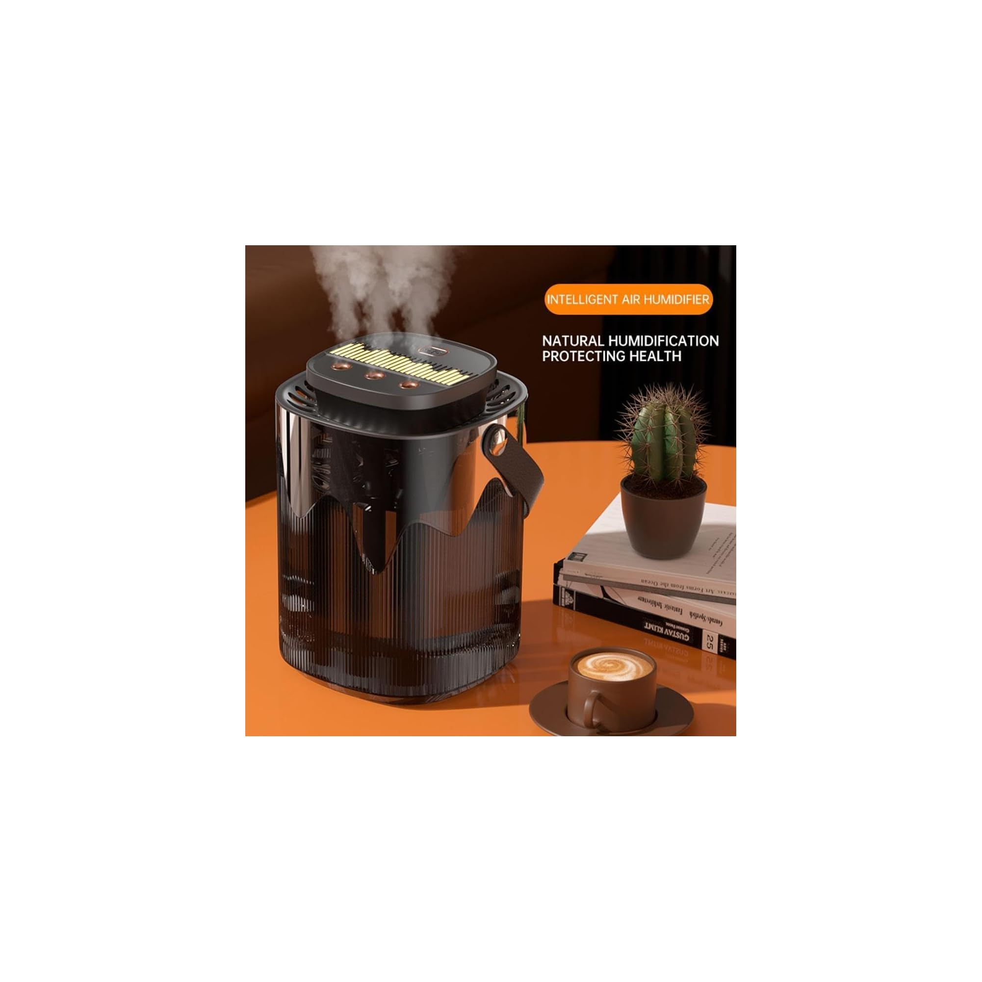 Luftbefeuchter mit Dampf, Kaktus, Tasse Kaffee und Büchern auf orangefarbenem Tisch.