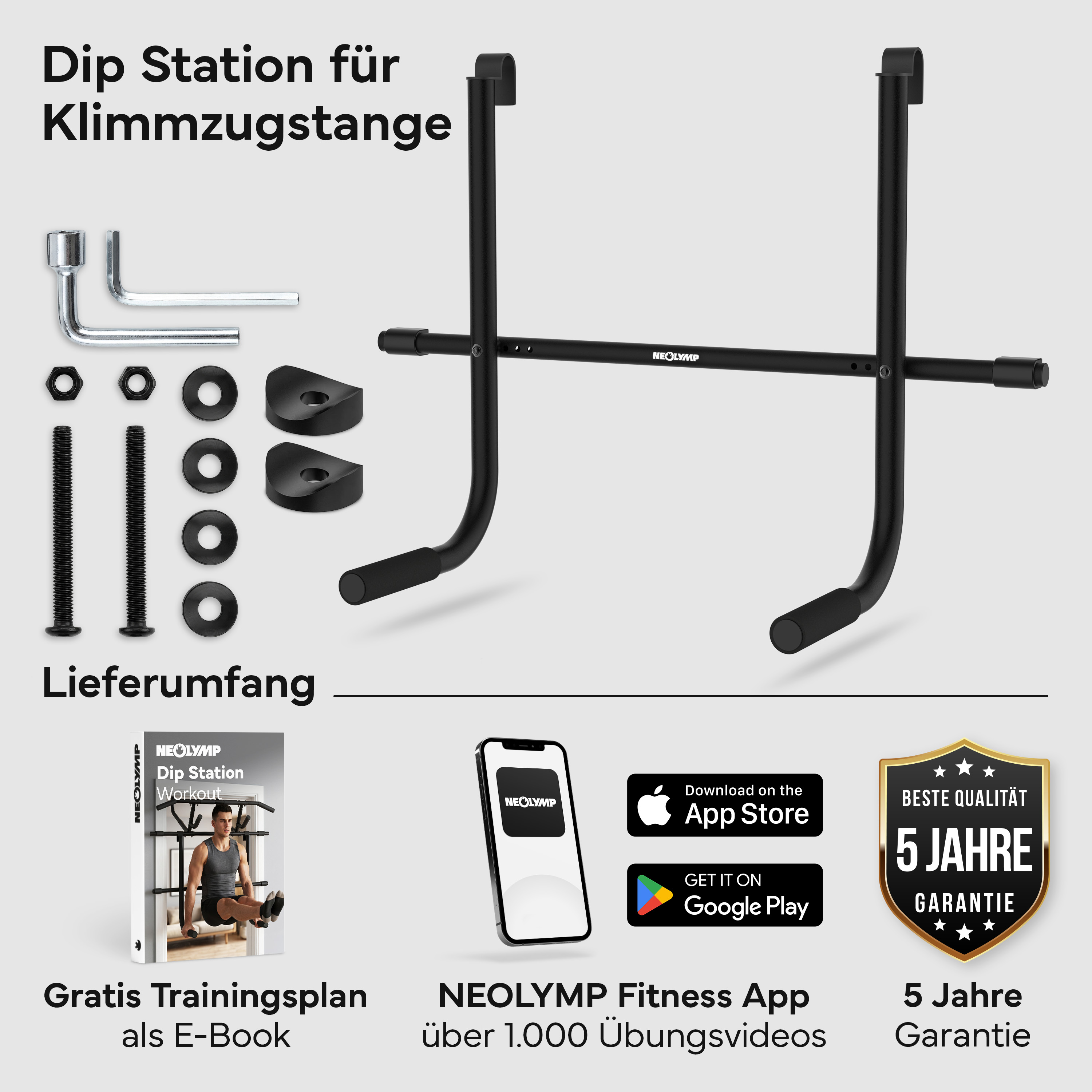 Schwarz Dip Station, Werkzeug, Schrauben, Muttern und ein E-Book mit Trainingsplan.